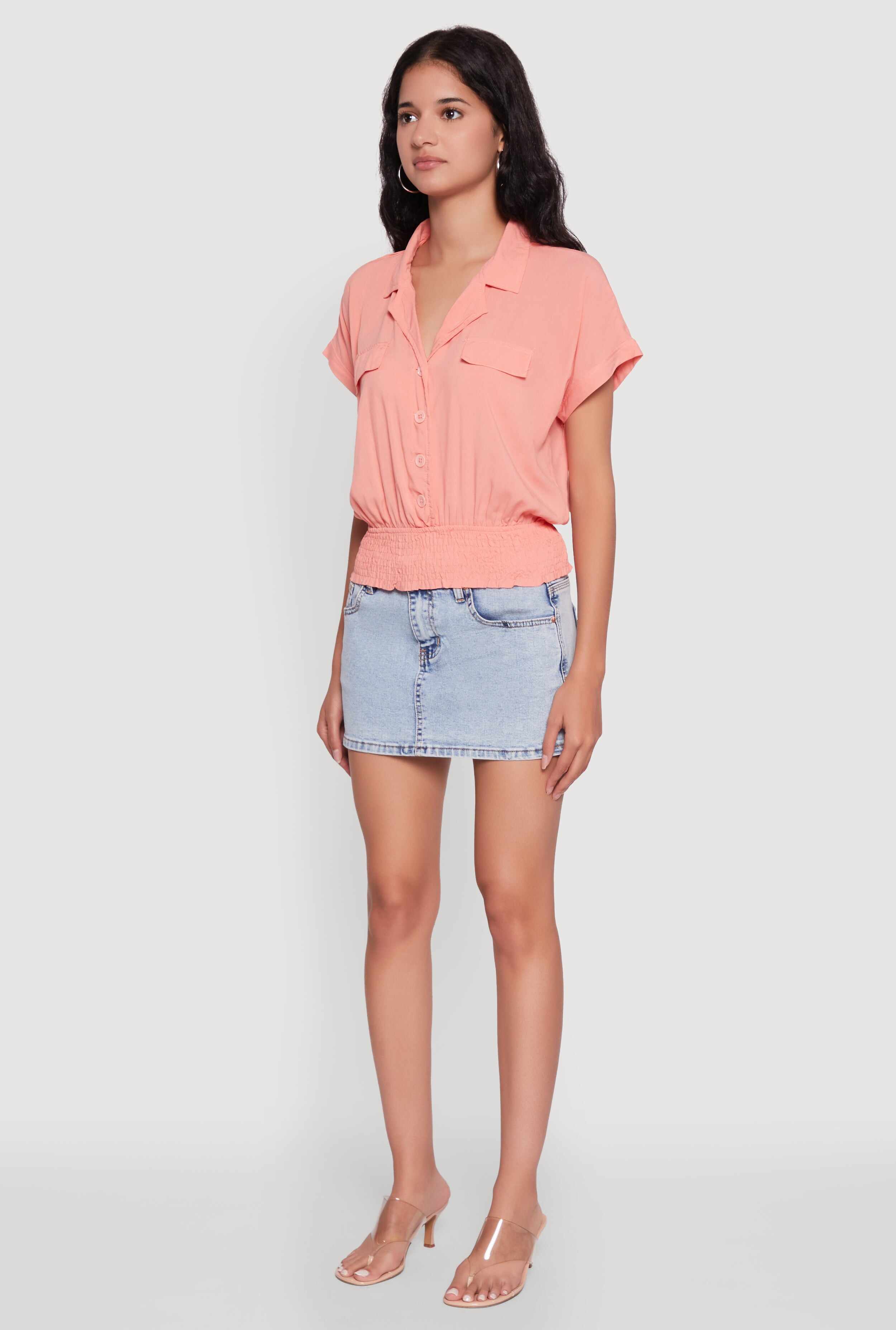 Trendy Button Front Smocked Waist Blouse