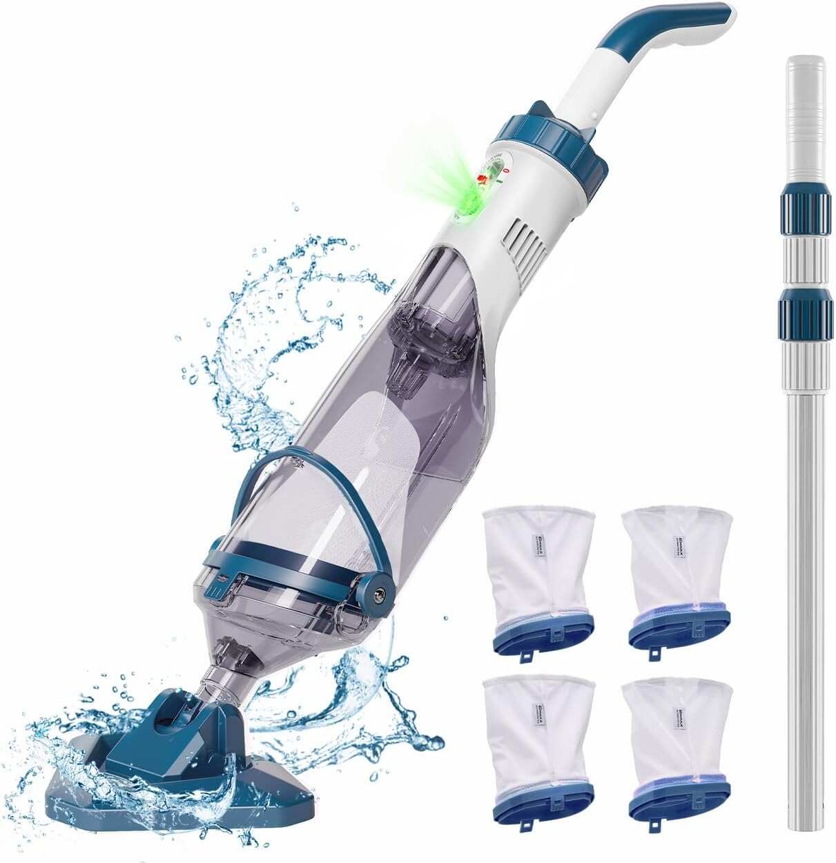 PC10 Pool Vacuum for Above Ground Pool with a Telescopic Pole, Running time up to 1H, Handheld Rechargeable Pool Cleaner with Powerful Suction up to 18.5 gallons/min, Ideal for Leaves & Debris