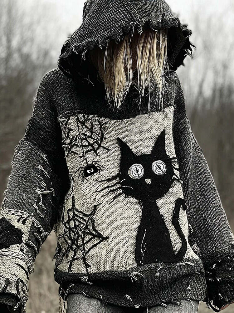 Halloween Scared Black Cat Patchwork Stitched Cozy Knit Hooded