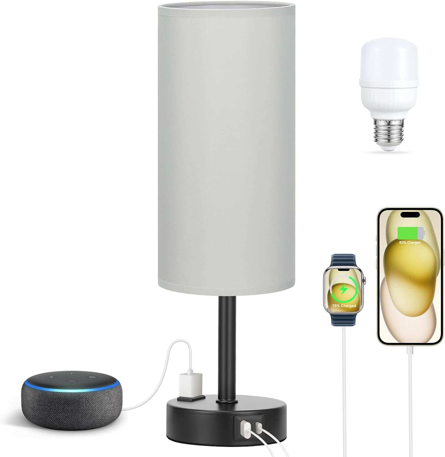 Bedside Table Lamp for Bedroom - 3 Way Dimmable Touch Lamp USB C Charging Ports and AC Outlet, Small Lamp Wood Base Round Flaxen Fabric Shade for Living Room, Desk, LED Bulb Included