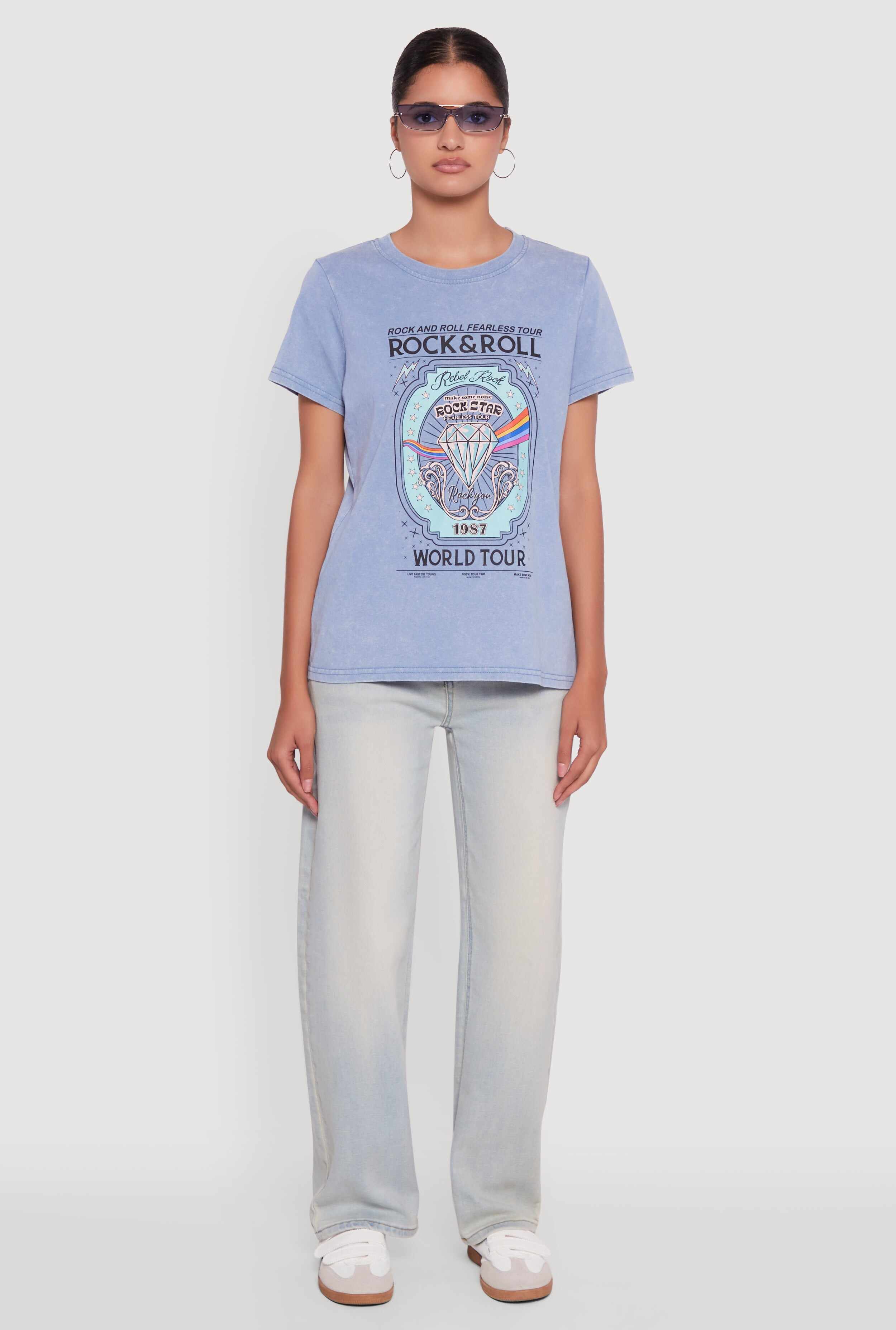 Acid Wash Graphic Rock and Roll Fearless Tour T-Shirt