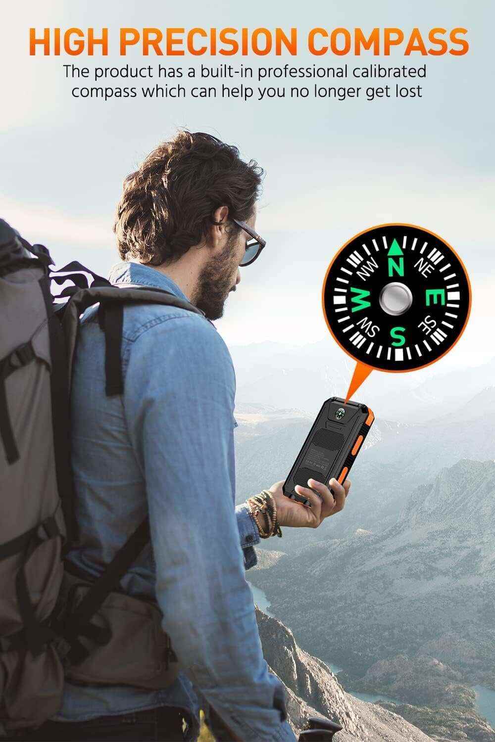 Power-Bank-Portable-Charger-Solar - 36800mAh Waterproof Portable External Backup Battery Charger Built-in Dual QC 3.0 5V3.1A Fast USB and Flashlight for All Phone and Electronic Devices (Deep Orange)