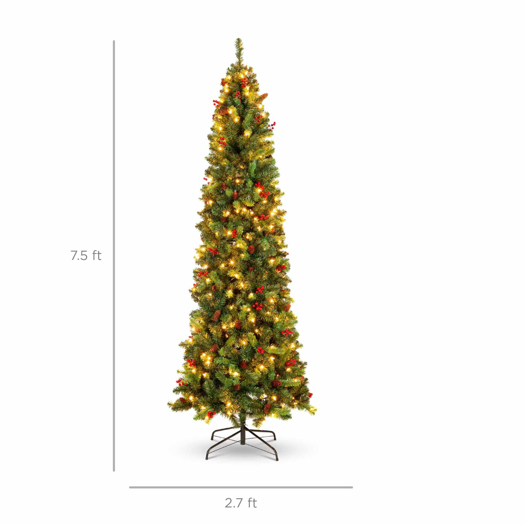 Pre-Lit Spruce Pencil Christmas Tree w/ Berries, Pine Cones