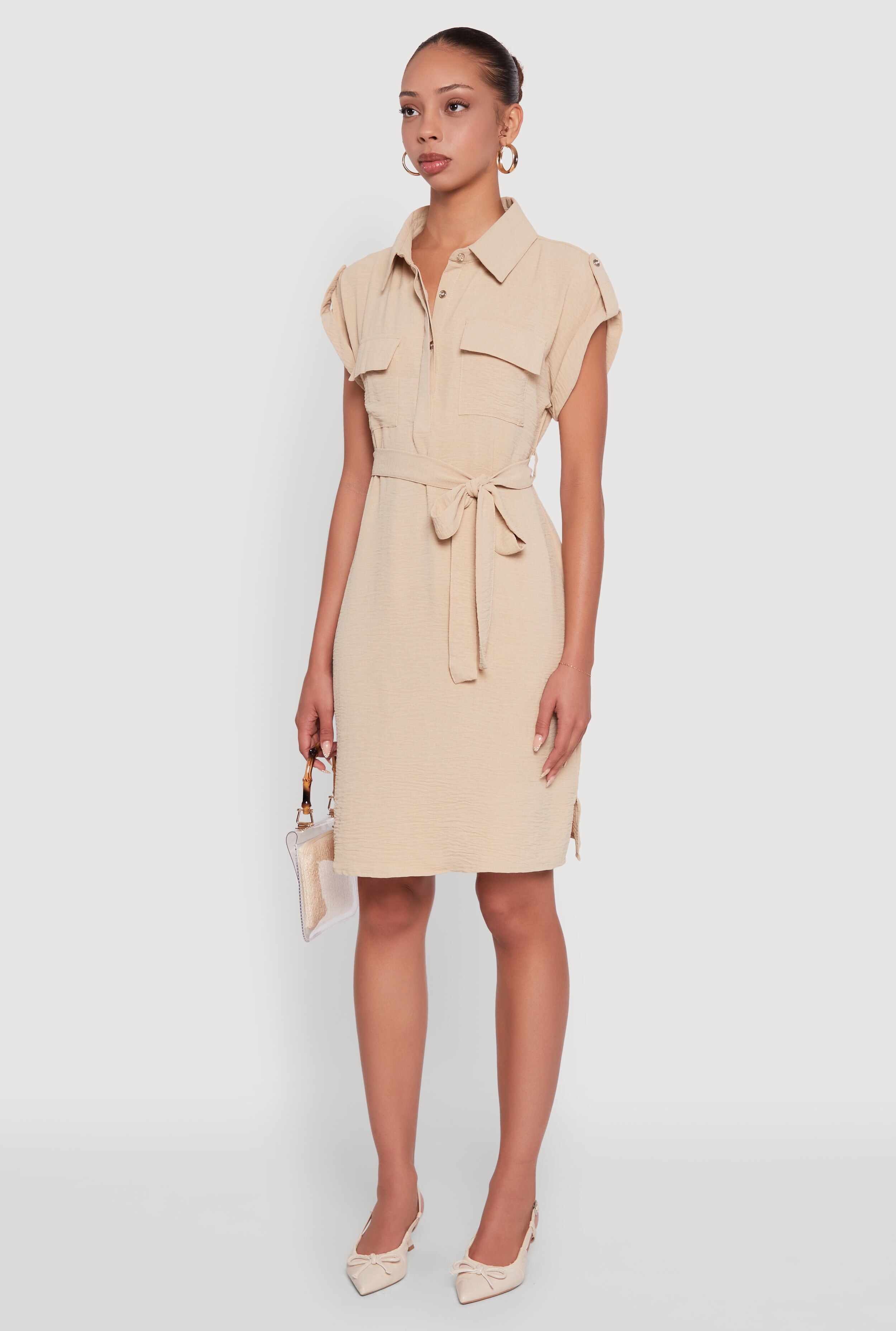 Airy Tabbed Sleeve Shirt Dress with Tie Waist Belt