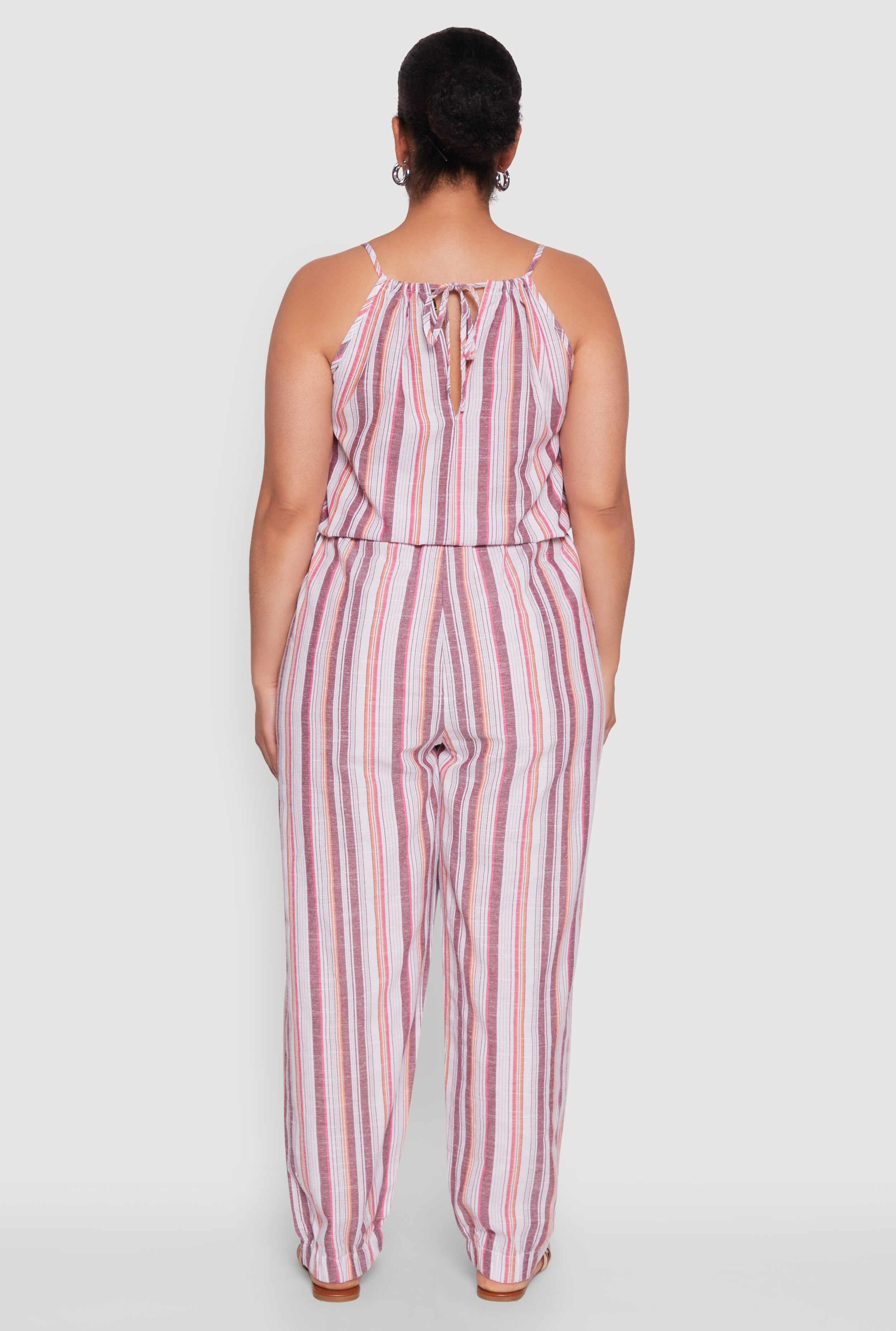 Plus Size Striped Wood Beaded Trim Jumpsuit