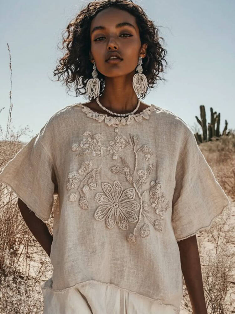 Vintage Floral Embroidered Art Crew Neck Cotton Linen Comfy Shirt