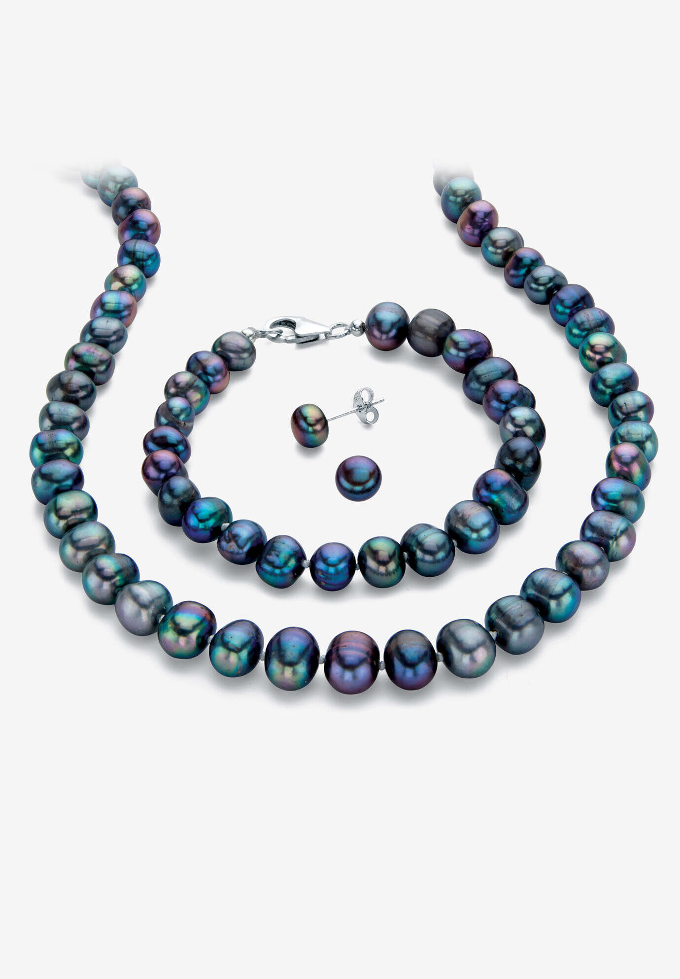 Genuine Cultured Blue Pearl Silvertone Earring, Necklace And Bracelet Set 18