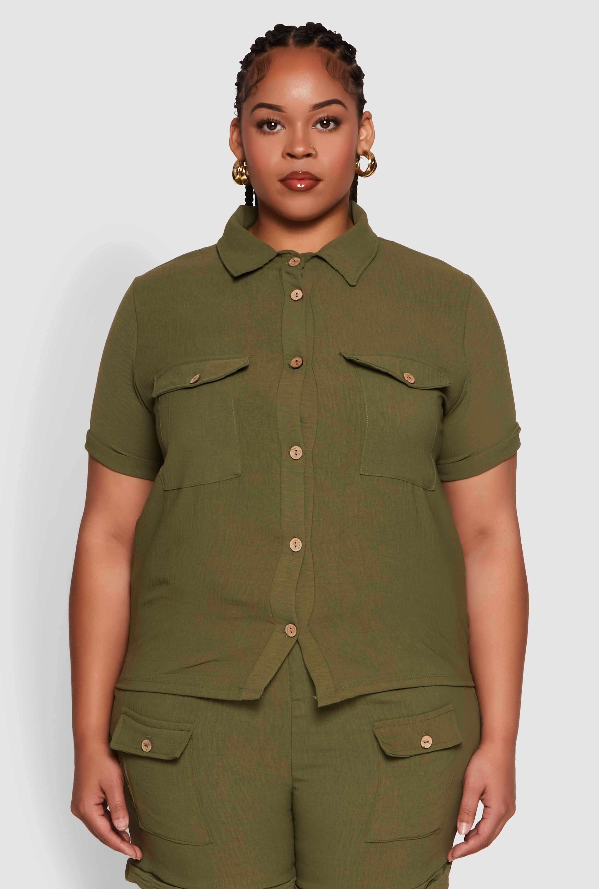 Plus Size Crepe Knit Cargo Pocket Button Front Shirt