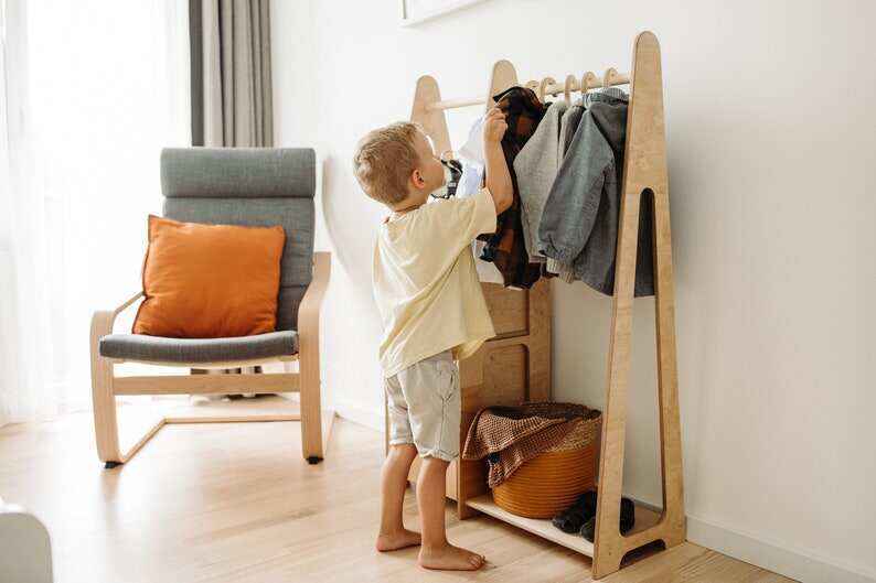 Children wardrobe Montessori clothing rack Wooden clothing rack Wood frame rack Toddler wardrobe Clothing rack with drawers Kids furniture