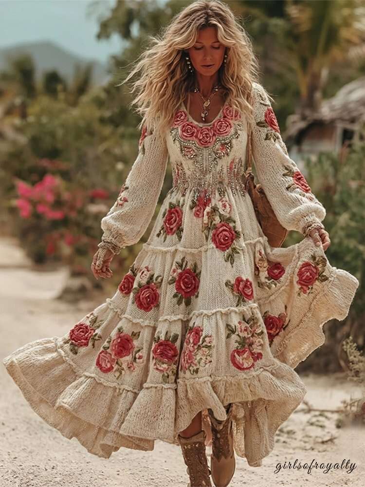 Women's Vintage Romantic Rose Embroidery Art Comfy Knitted Maxi Dress