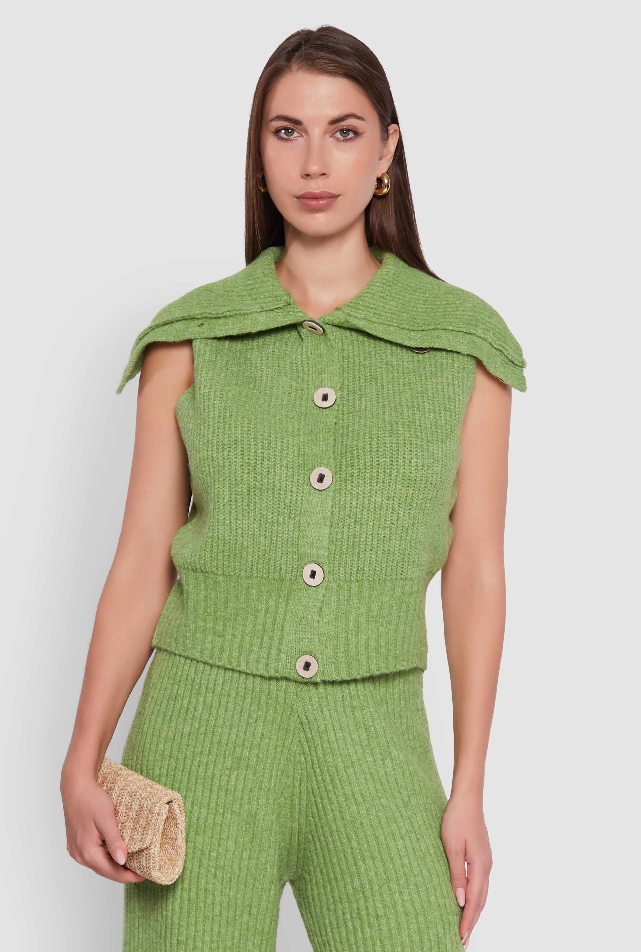 Brushed Rib Knit Collared Button Front Sweater Vest
