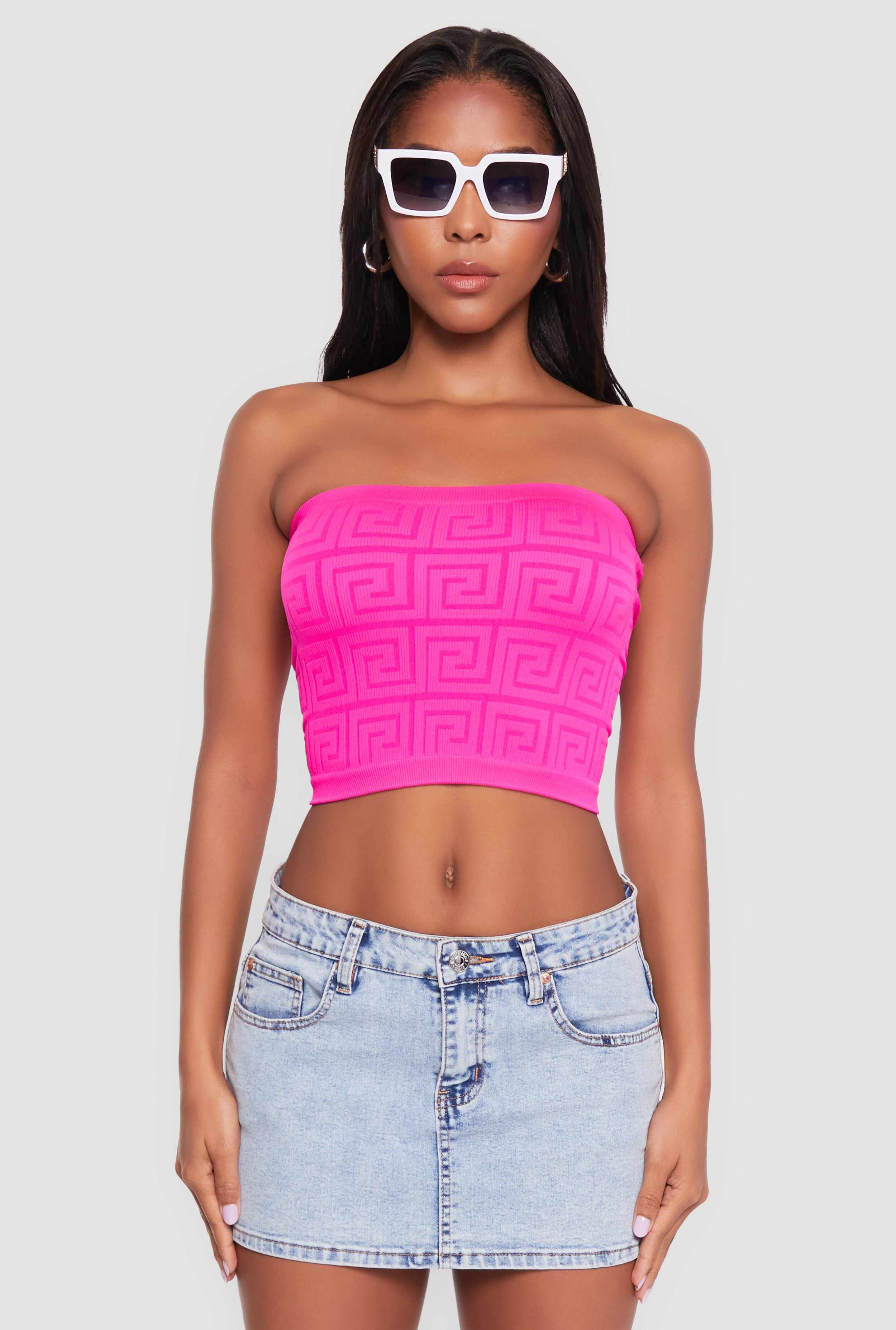 Trendy Greek Key Rib Knit Cropped Tube Top