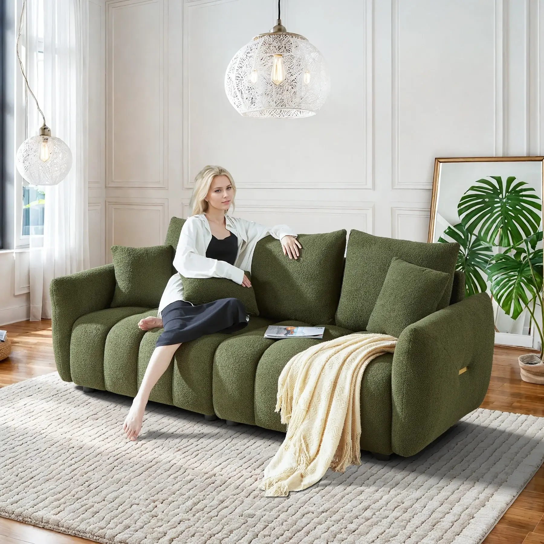 Ouyessir Overstuffed Upholstered Deep Seat Soft Fabric Sofa with 3 Pillows