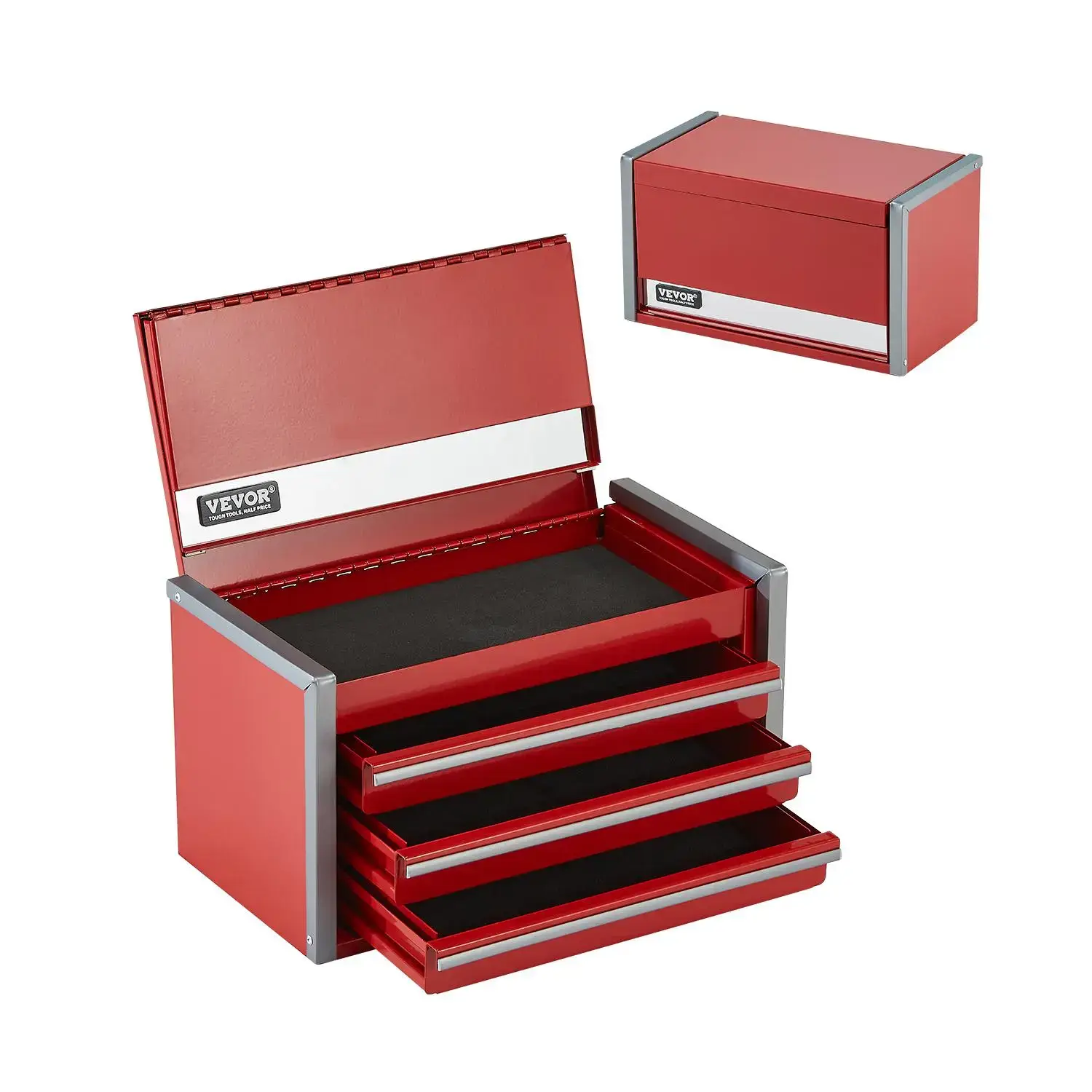 8.6 Inch Portable Metal Tool Box with 3 Drawers, Heavy Duty Steel Small Tool Chest with EVA Liners & PP Feet Pads, Ball Bearing Slides & Powder Coated Finish