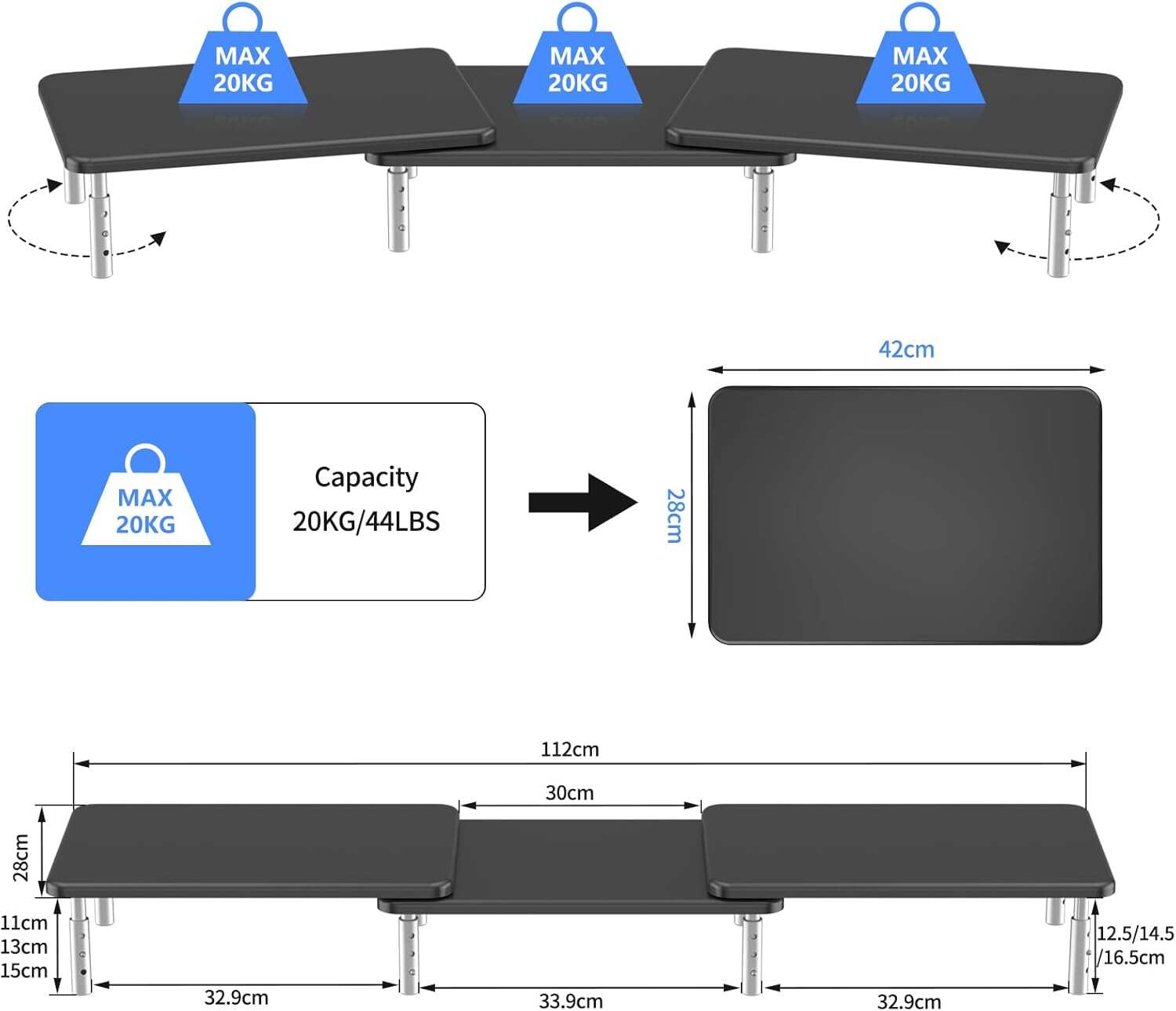 Computer Monitor Stand Riser,Monitor Riser for Laptop, Printer, Notebook and All Flat Screen TV Display with Vented Platform,3 Height Adjustable Laptop Riser,1 Pack,Black(MST003)