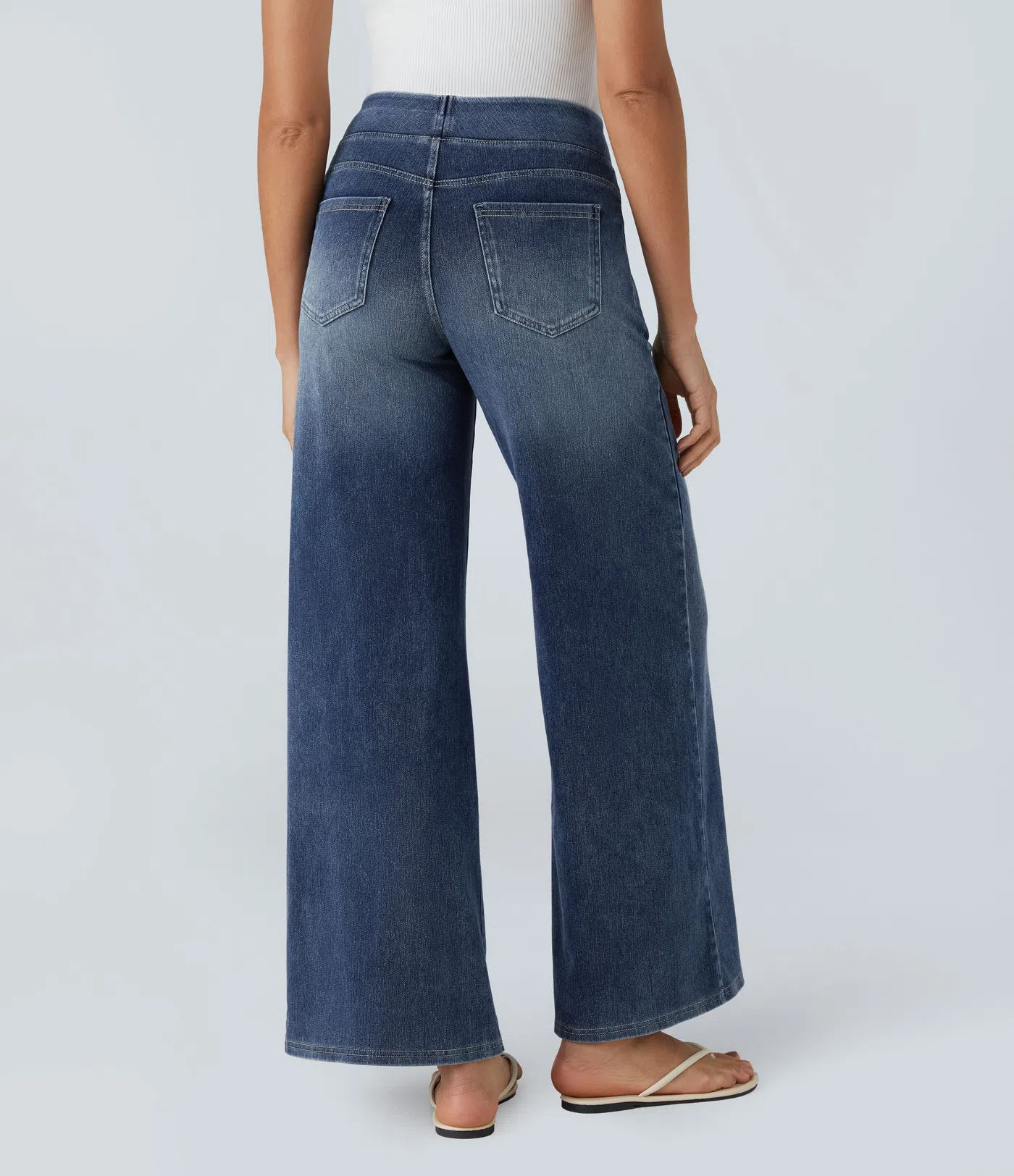 💝Last day promotion⚡High Waisted Multiple Pockets Baggy Wide Leg Washed Stretchy Knit Casual Jeans