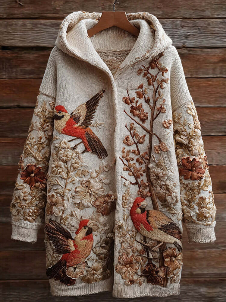 Vintage Bird & Flower Embroidery Women's Knit Hooded Cardigan