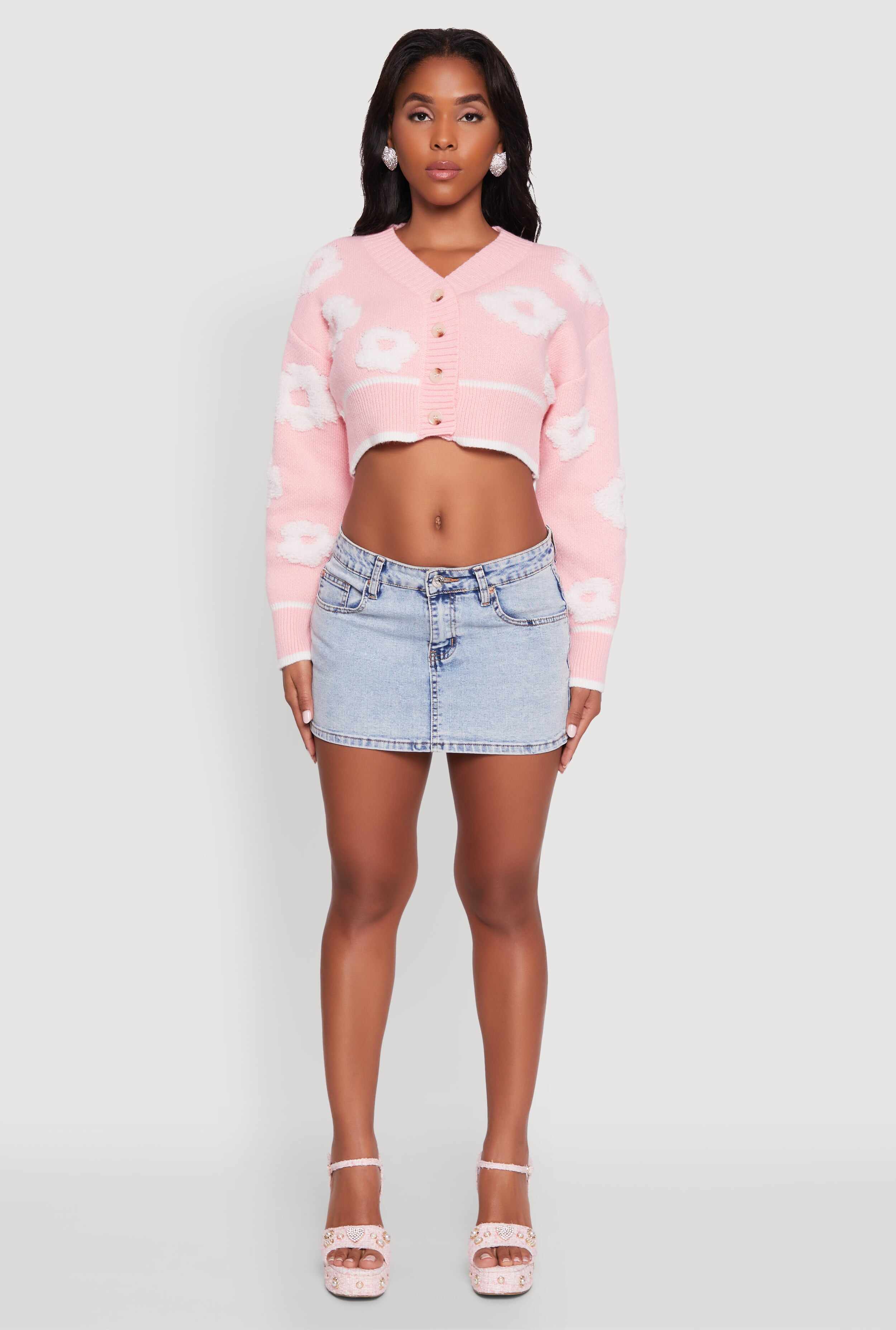 Chenille Floral Brushed Knit Cropped Cardigan