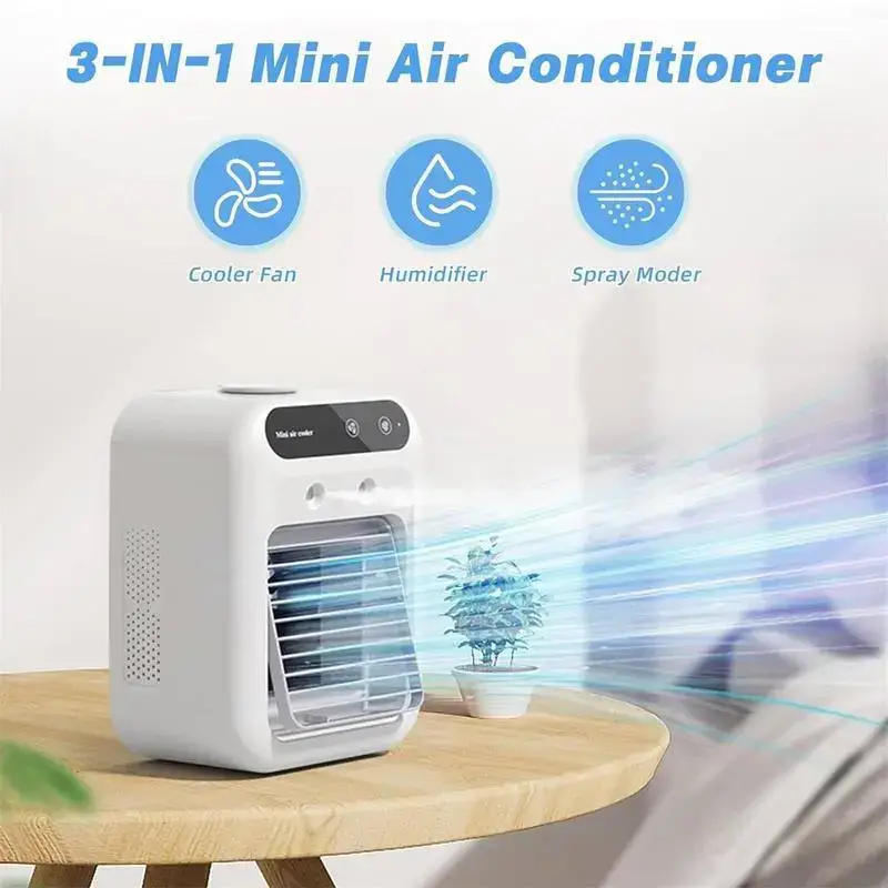 Portable Air Cooler Fan 3 in 1 Rechargeable Fan with 2 Mist Speeds and Powerful Wind, Mini Multifunctional Cooling Fan for Bedroom, Office, Camping