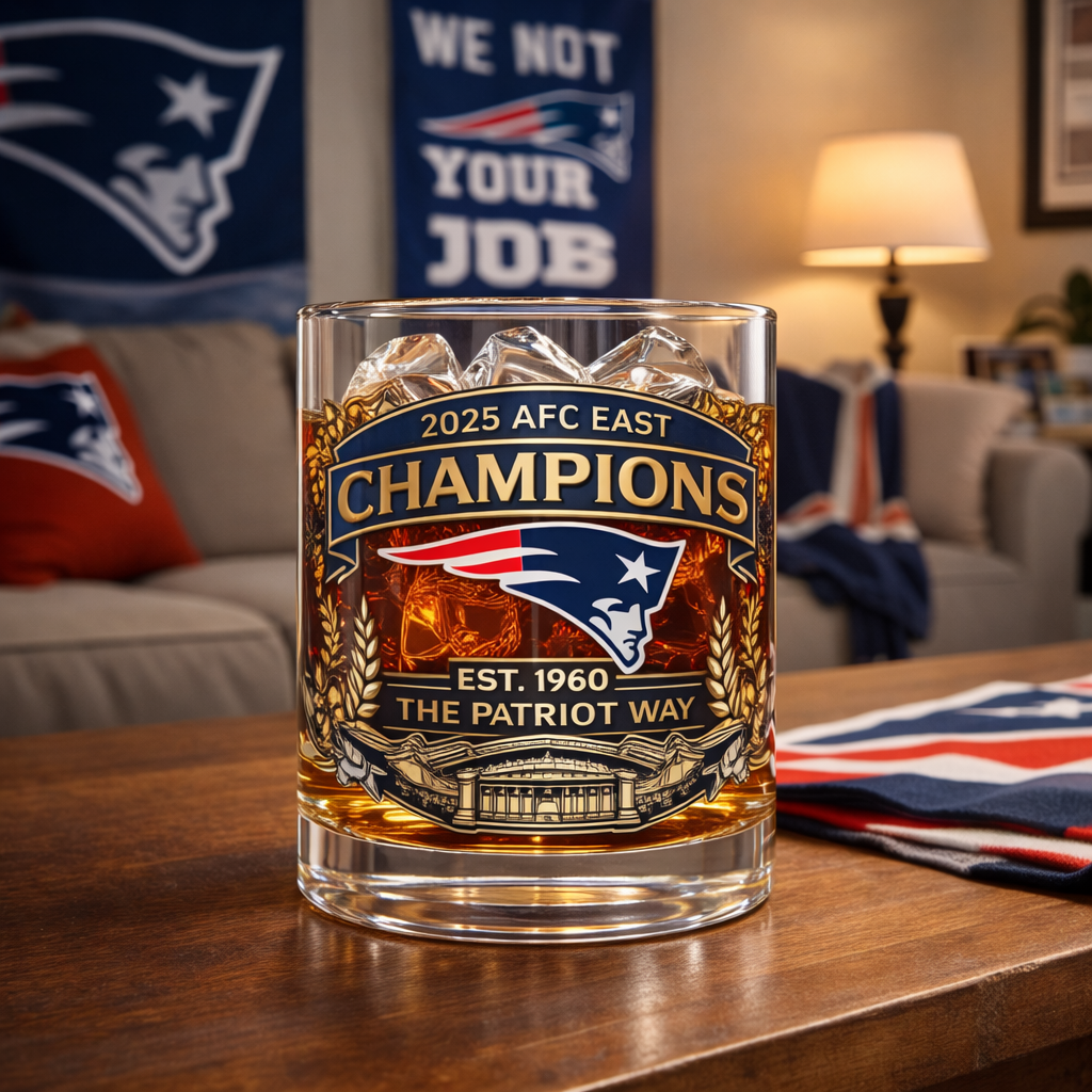 Patriots 2025 AFC East champs wine glasses