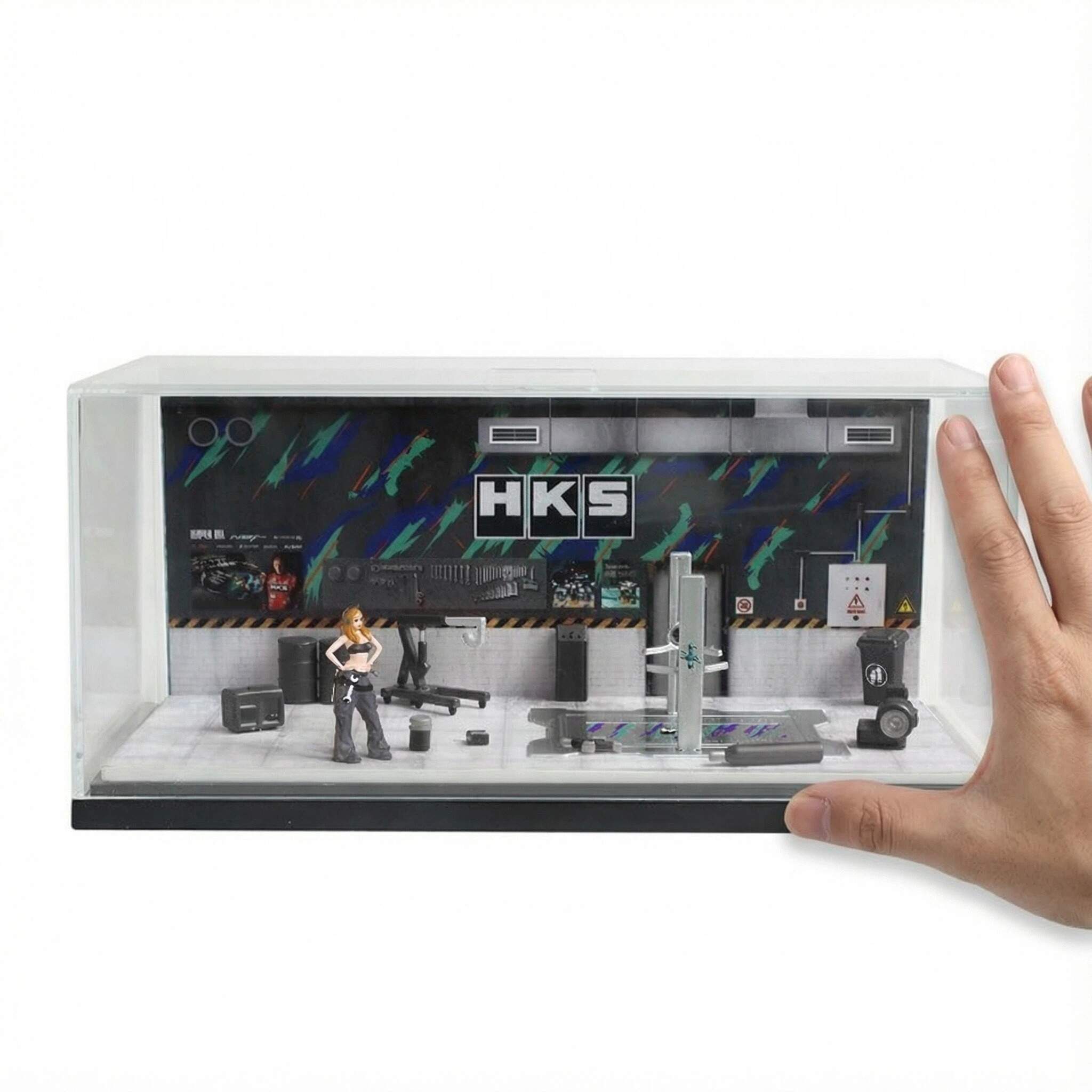 1:64 Scale Performance Tuning Garage Diorama Display Case – Motorsport Workshop Scene for Diecast Cars