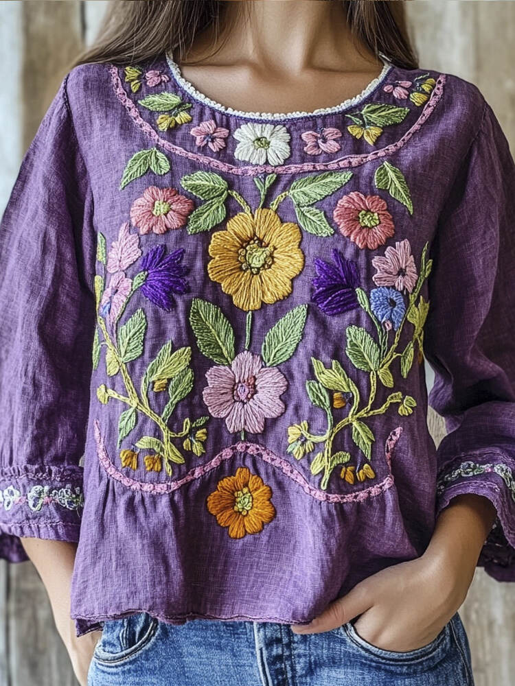 Purple Ethnic Floral Embroidery Vintage Women's Linen Shirt