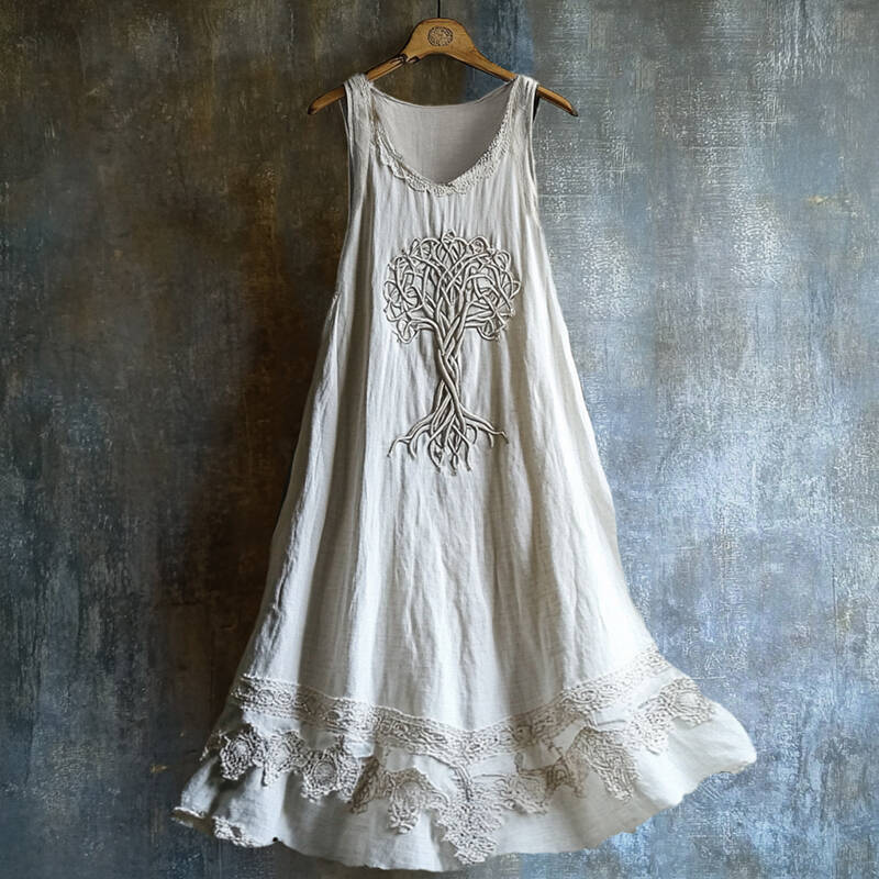 Viking Celtic Tree Of Life Lace Hem Layered Linen Dress