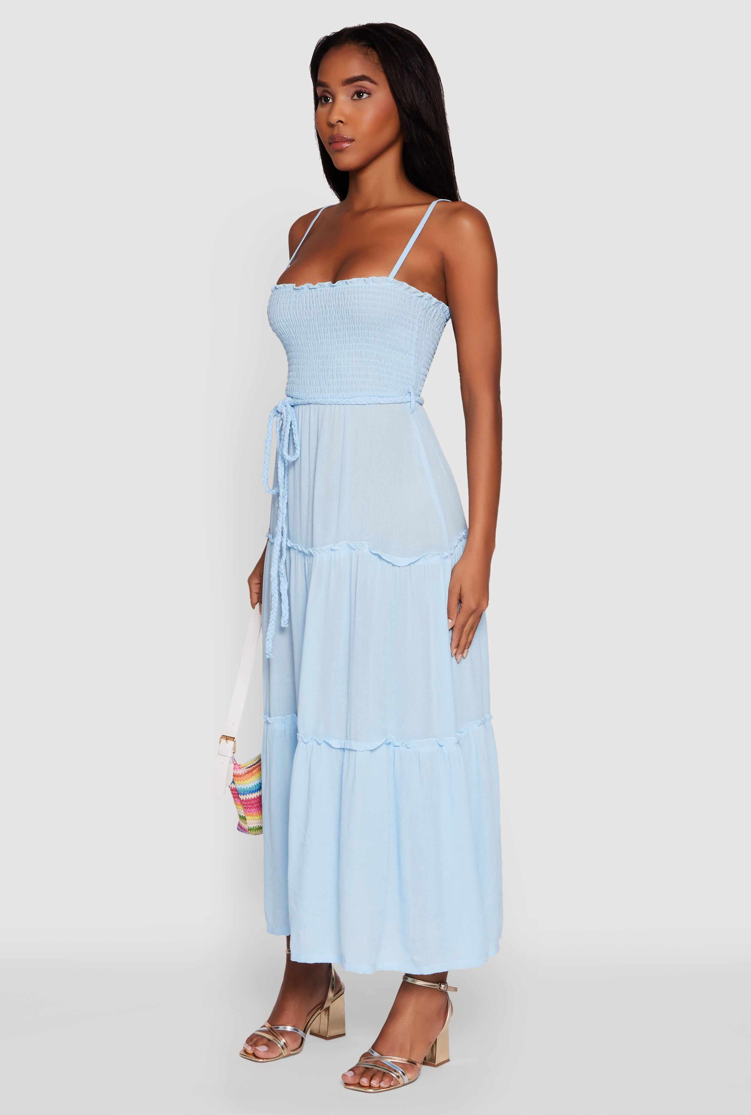 Tiered A-Line Maxi Dress with Tie Waist Belt
