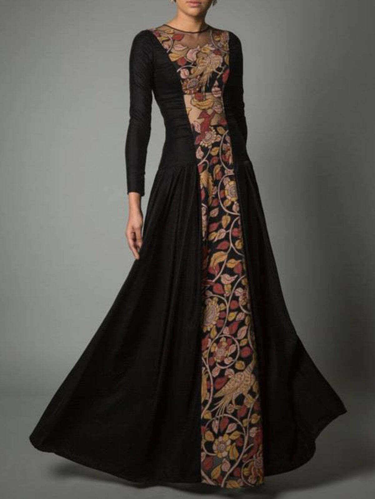 Elegant Crew Neck Long Sleeve Color Block Stitching Gown