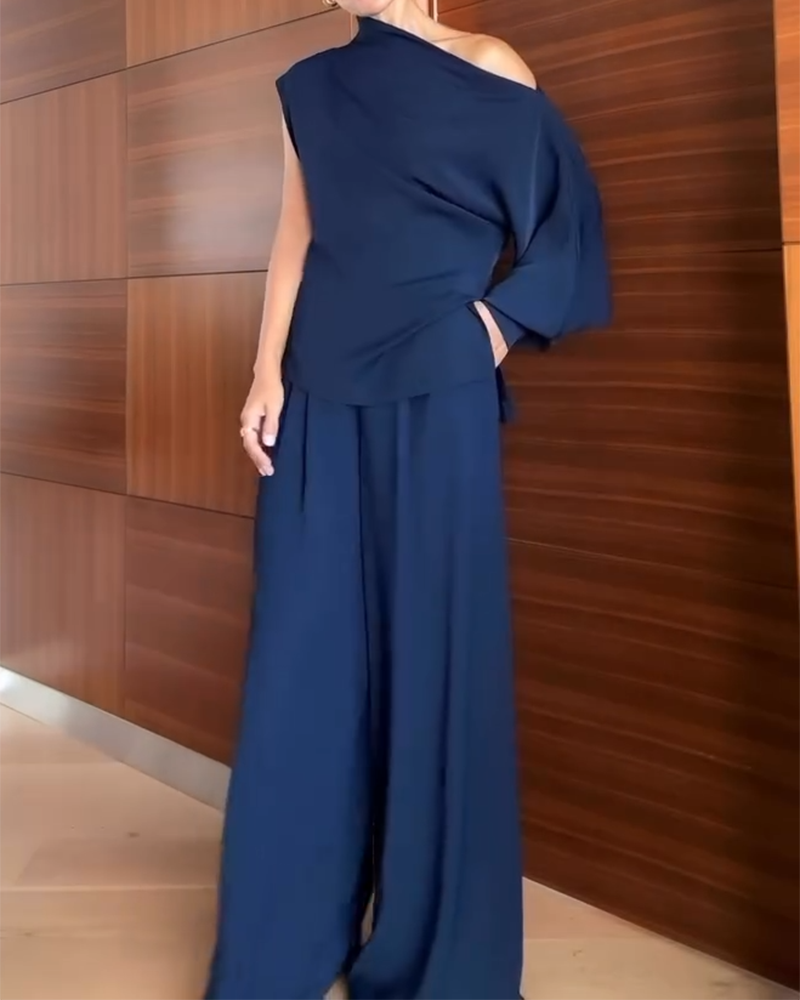 One-shoulder Off-the-shoulder Long-sleeved Top and Pants Two-piece Set