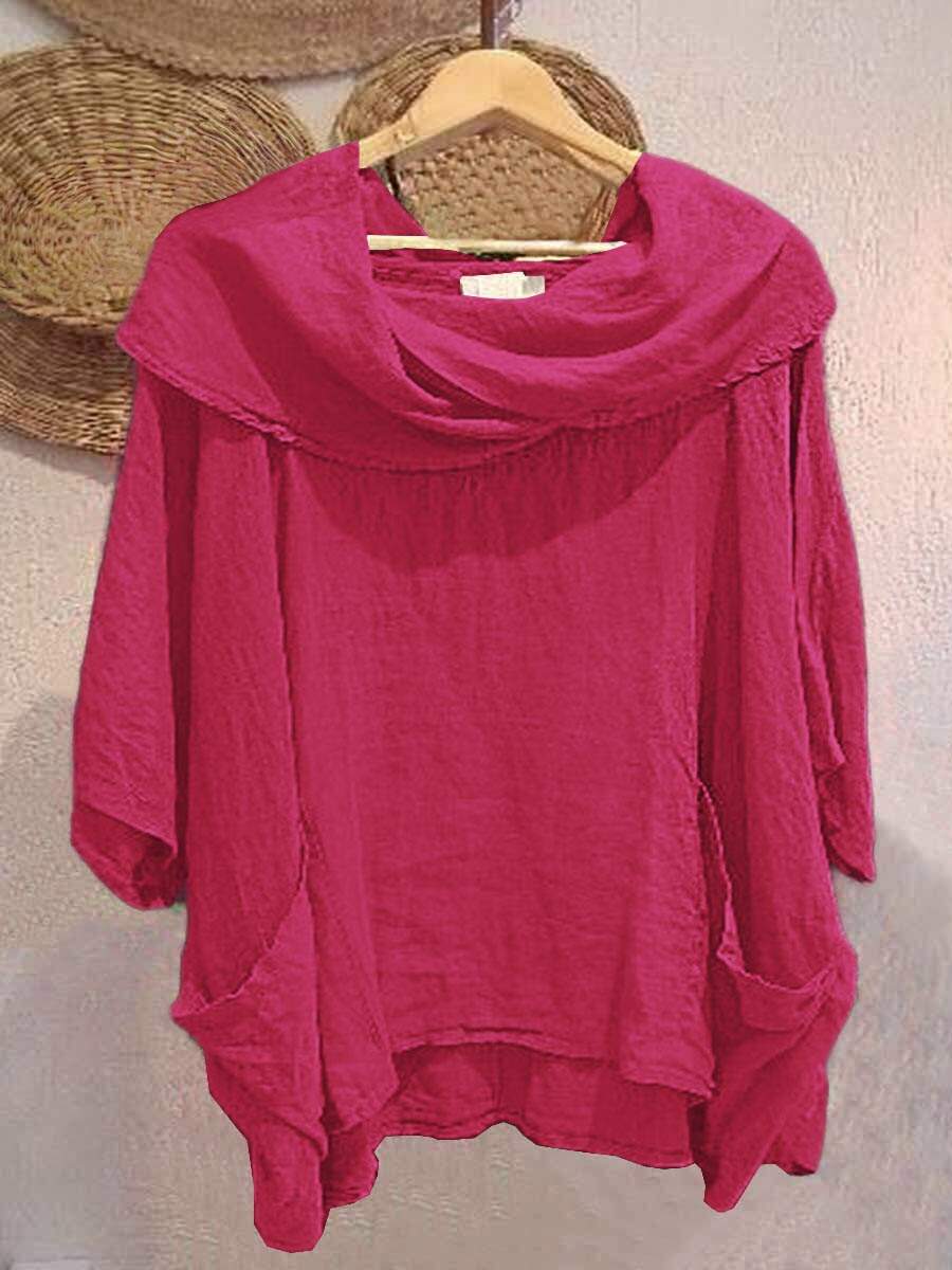 🔥Summer Arrivals🌟Women's Solid Color Draped Neck 3/4 Sleeve Comfortable Casual Linen Pocket Top
