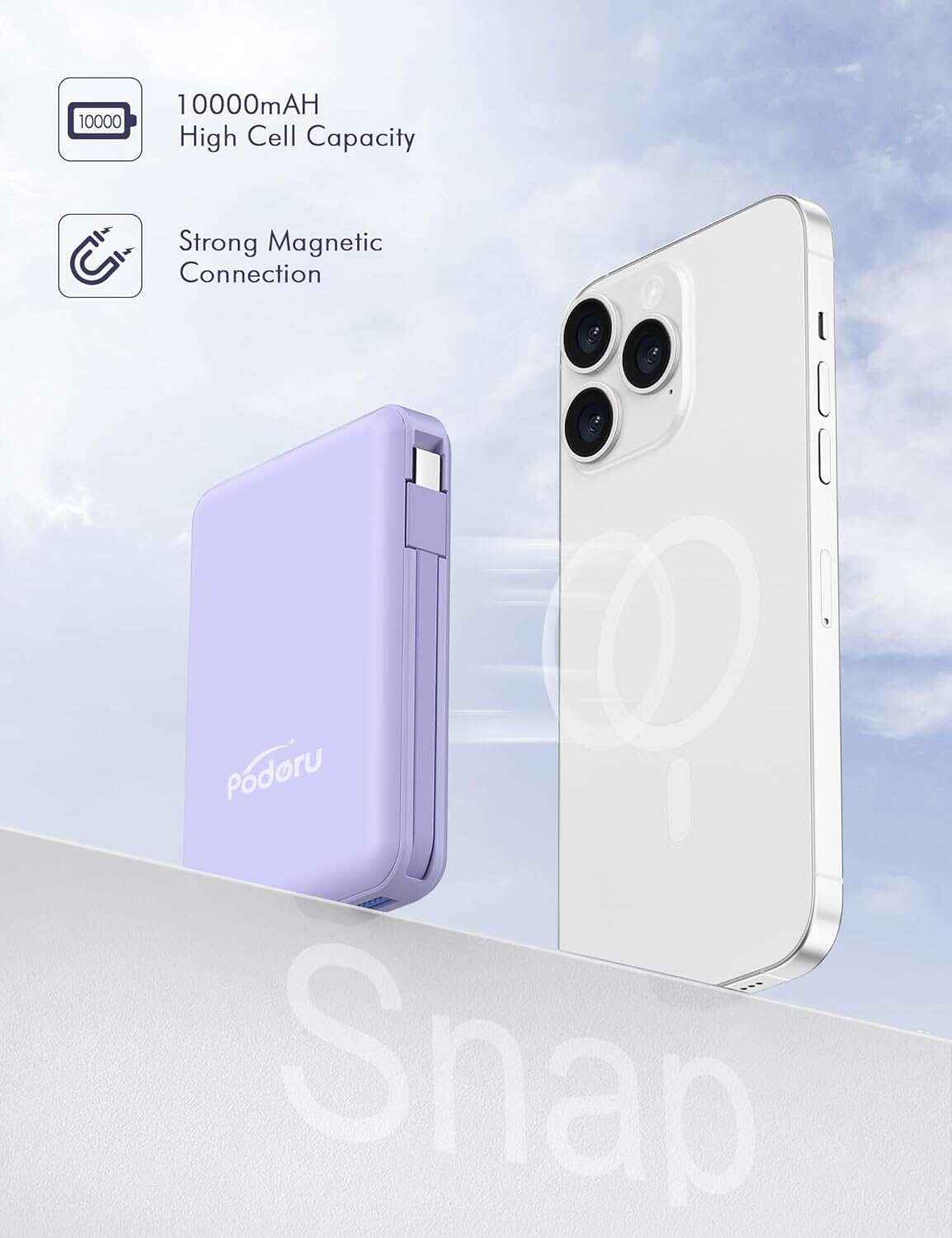 podoru Wireless Portable Charger, 10000mAh Magnetic Power Bank Built-in USB-C Lighting Cables 22.5W PD Fast Charging LED Display Mag-Safe Battery Pack for iPhone 15/14/13/12/Mini/Pro/Pro Max - White