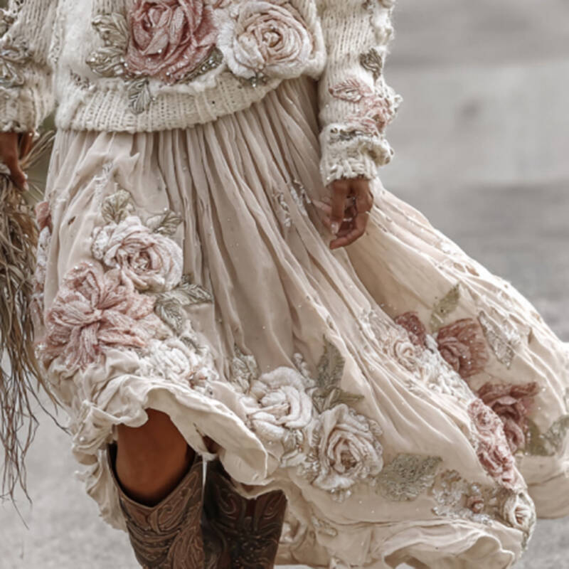 Classic Rose Art Cozy Knit Turtleneck Sweater And Linen Skirt Two-piece Set