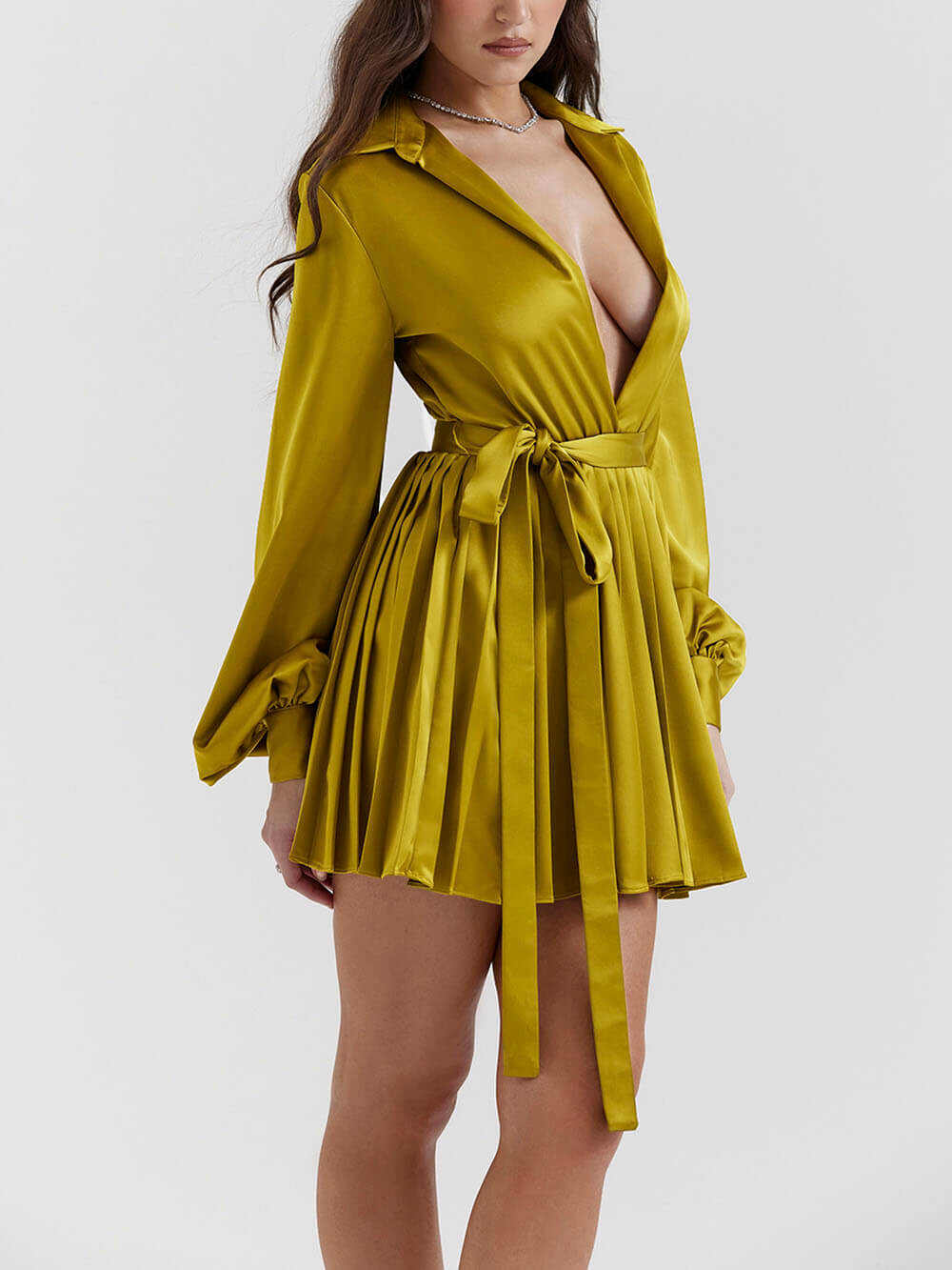 Chartreuse Pleated Shirt Dress