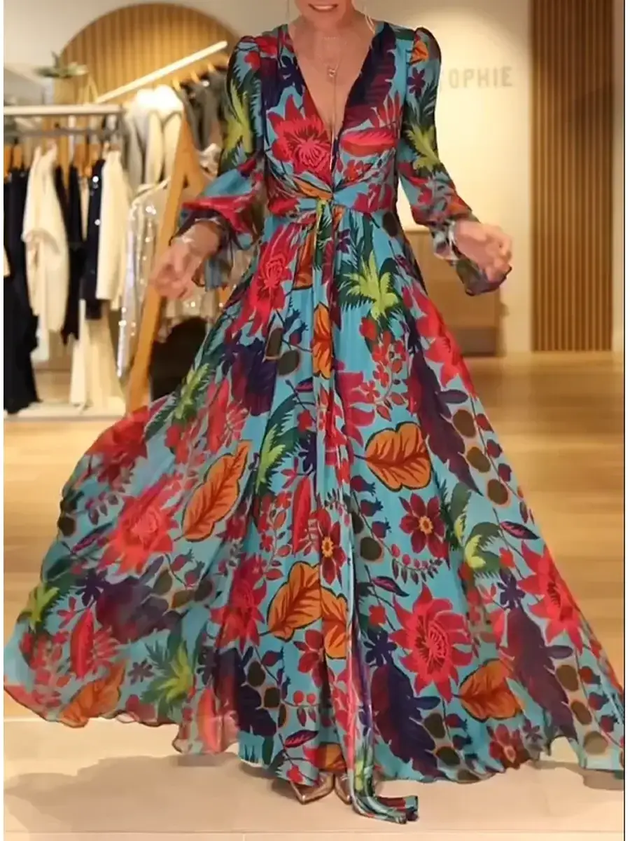 🔥Summer Arrivals🌟Elegant Women's V-neck Floral Print Maxi Dress