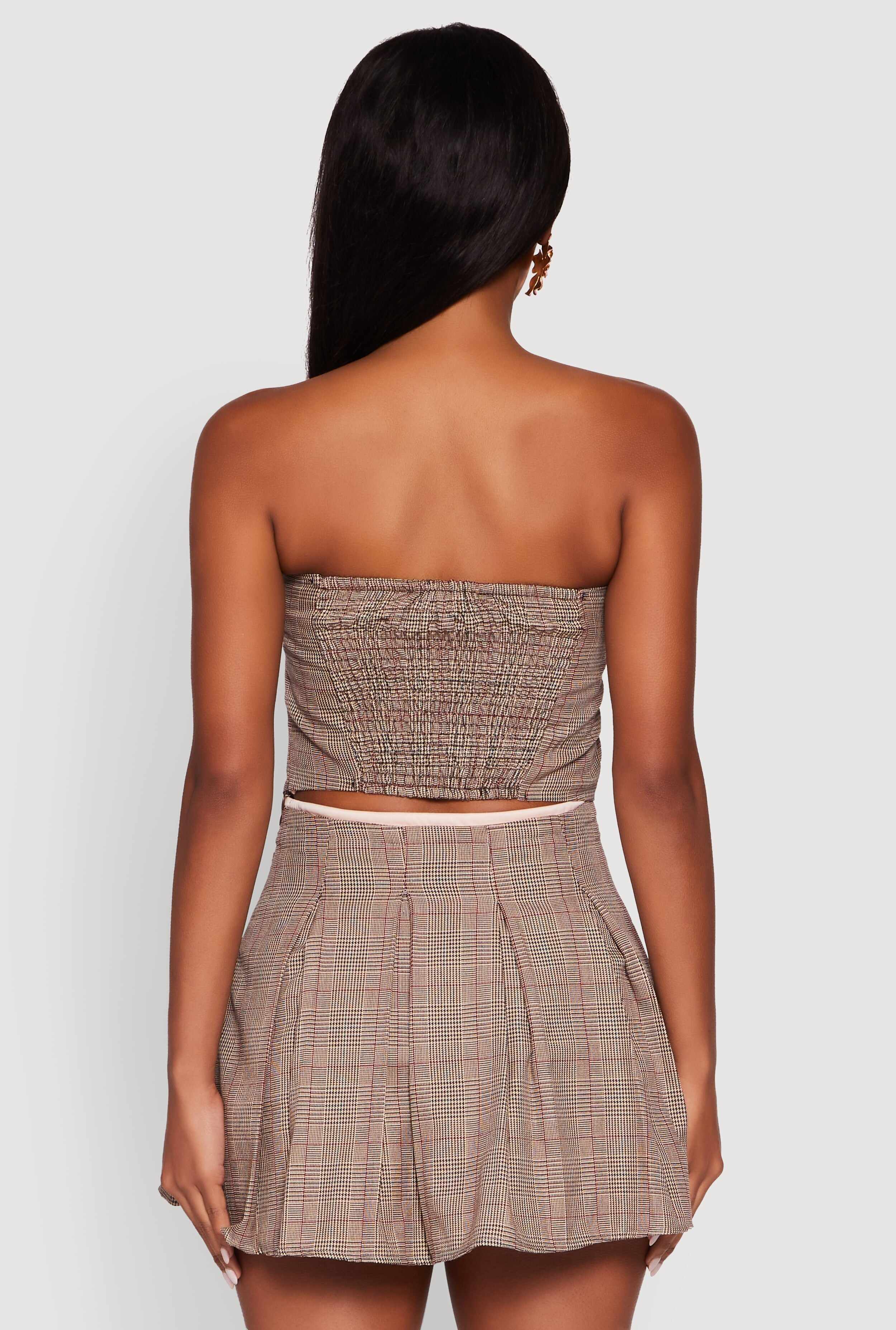 Plaid Tube Top with Bow Contrast Trim