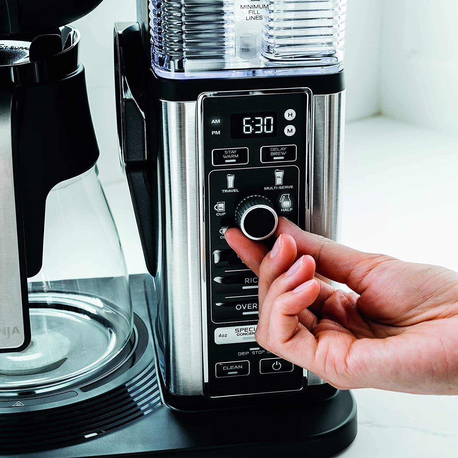 CM401 Specialty 10-Cup Coffee Maker, with 4 Brew Styles for Ground Coffee, Built-in Water Reservoir, Fold-Away Frother & Glass Carafe, Black