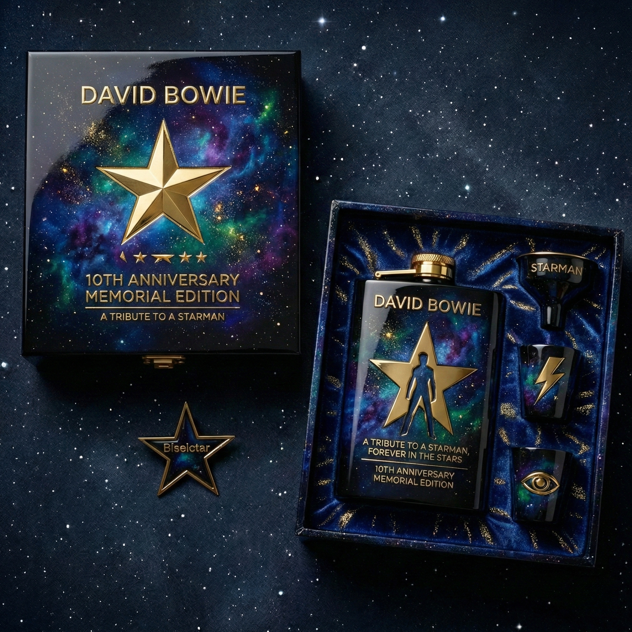 David Bowie 10th Anniversary Memorial Commemorative Flask Gift Set