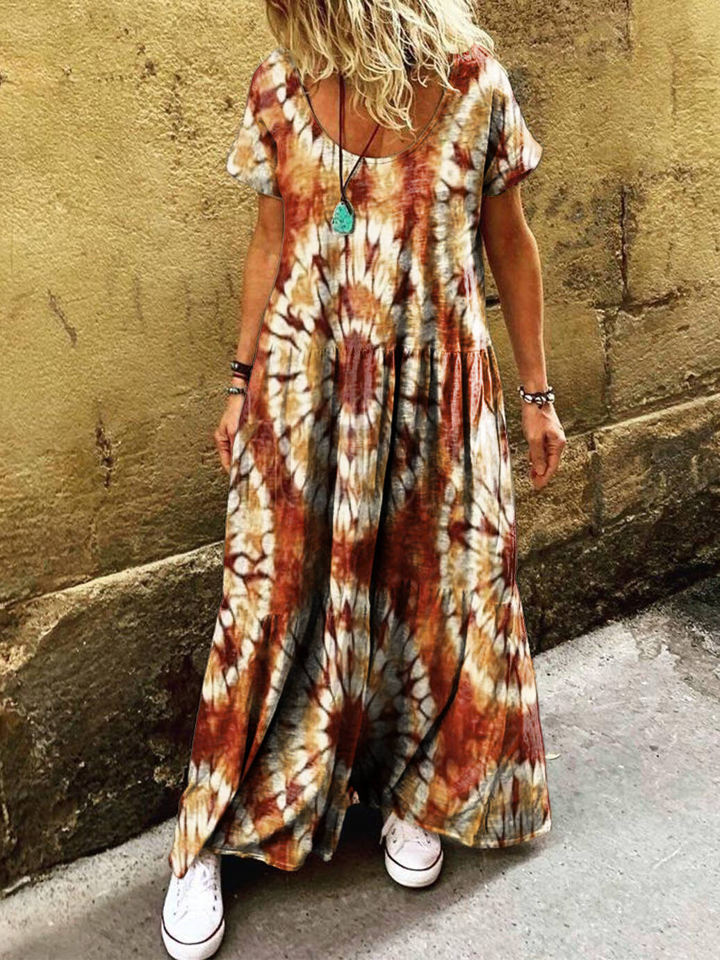 Women's Retro Ethnic Tie-dye Art Print Pocket Short Sleeve Cotton Dress