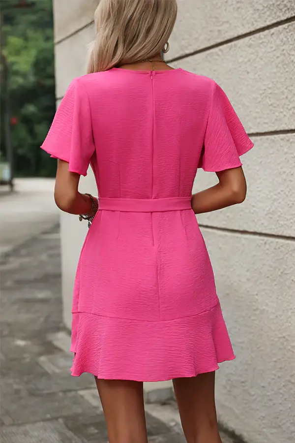 Solid Deep V Neck Ruffle Hem Mini Dress