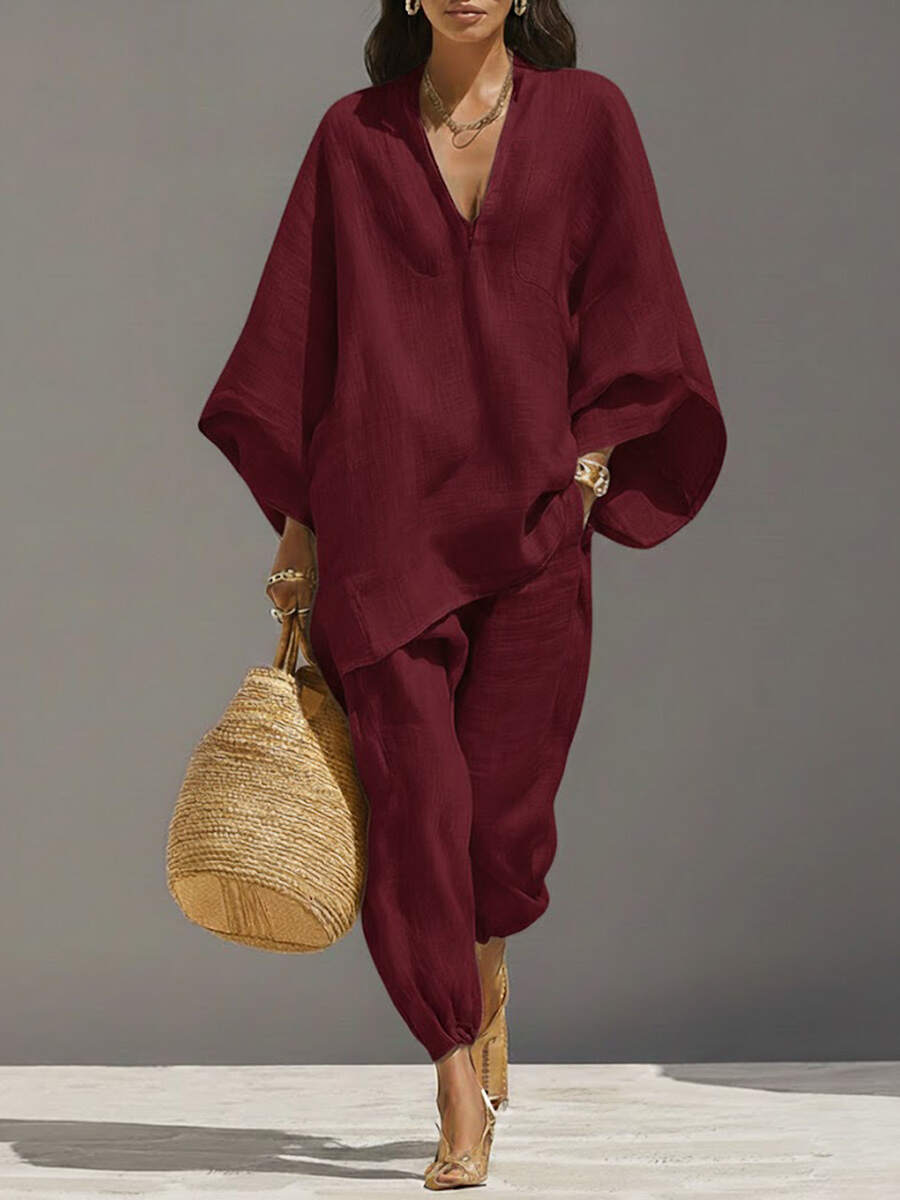 🔥Summer Arrivals🌟Women's Solid Color V-neck Long Sleeve Casual Loose Cotton Linen Top With Elastic Waist And Wide-leg Pants Set