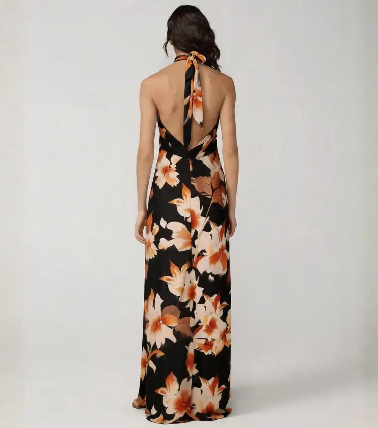 Orange Floral Print Halter Neck Maxi Dress