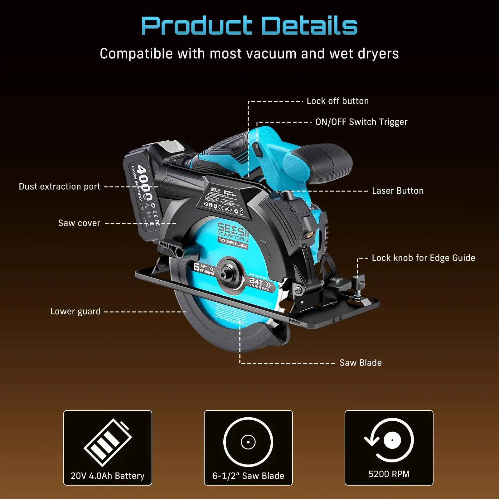 21V 6.5 Inch Cordless Circular Saw with Laser Guide & 2×4Ah Batteries