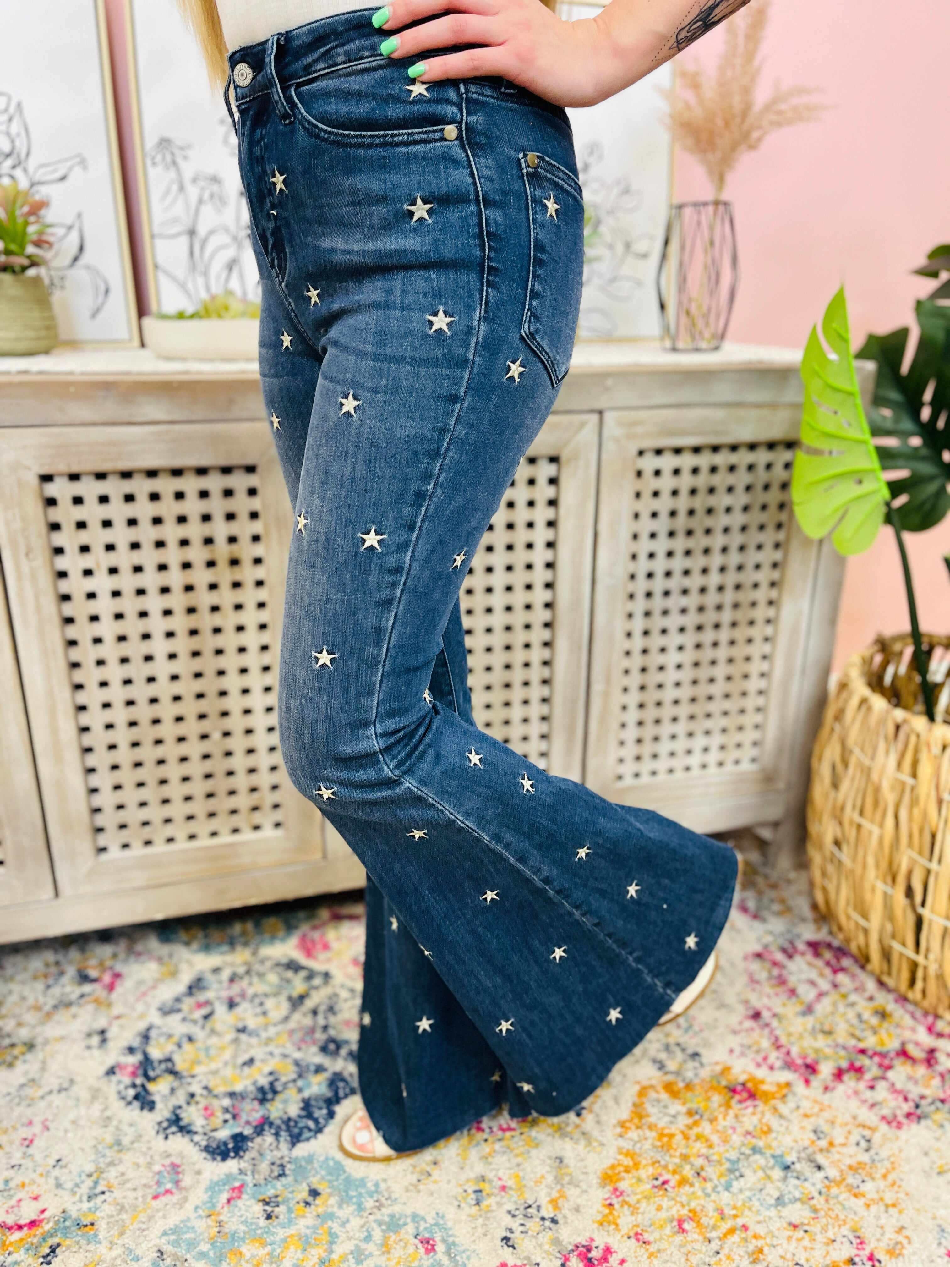 PLUS/REG Wishing On A Star Embroidered Flared Jeans