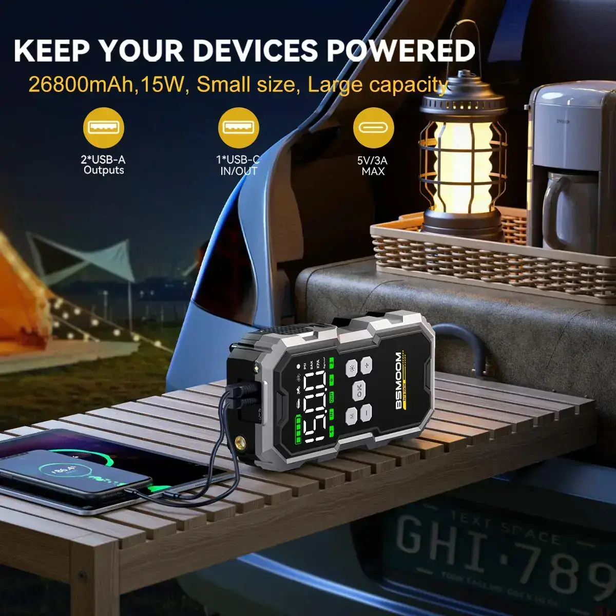 16800mAh  [5-in-1] Portable Car Jump Starter with Air Compressor(All Gas/10.0L Diesel),With Tireinflator, 12V AutoBoost BatteryCharger Jumper Box, Rapid Charger with LEDScreen Vehicle Automotive