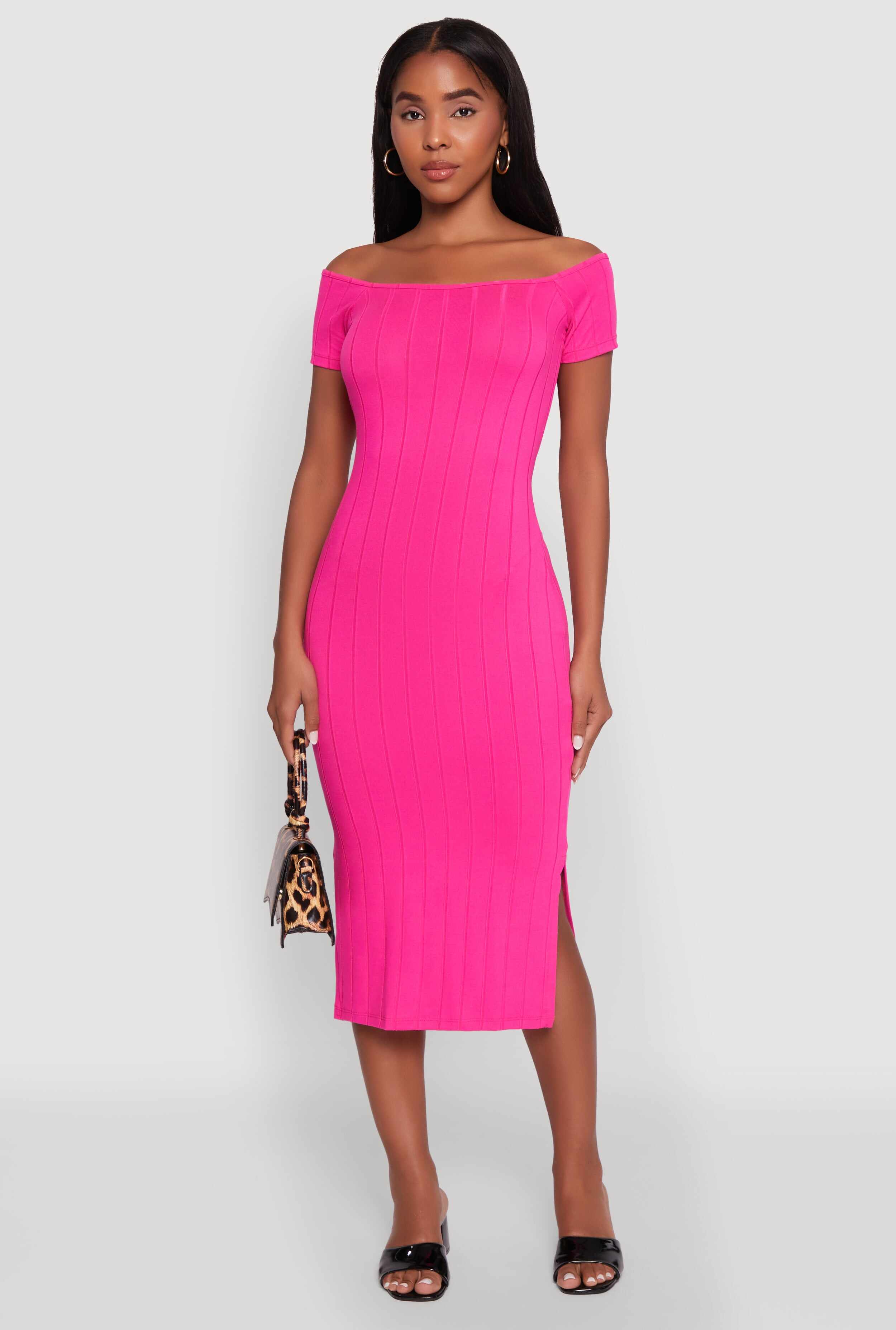 Rib Knit Side Slit Off The Shoulder Dress