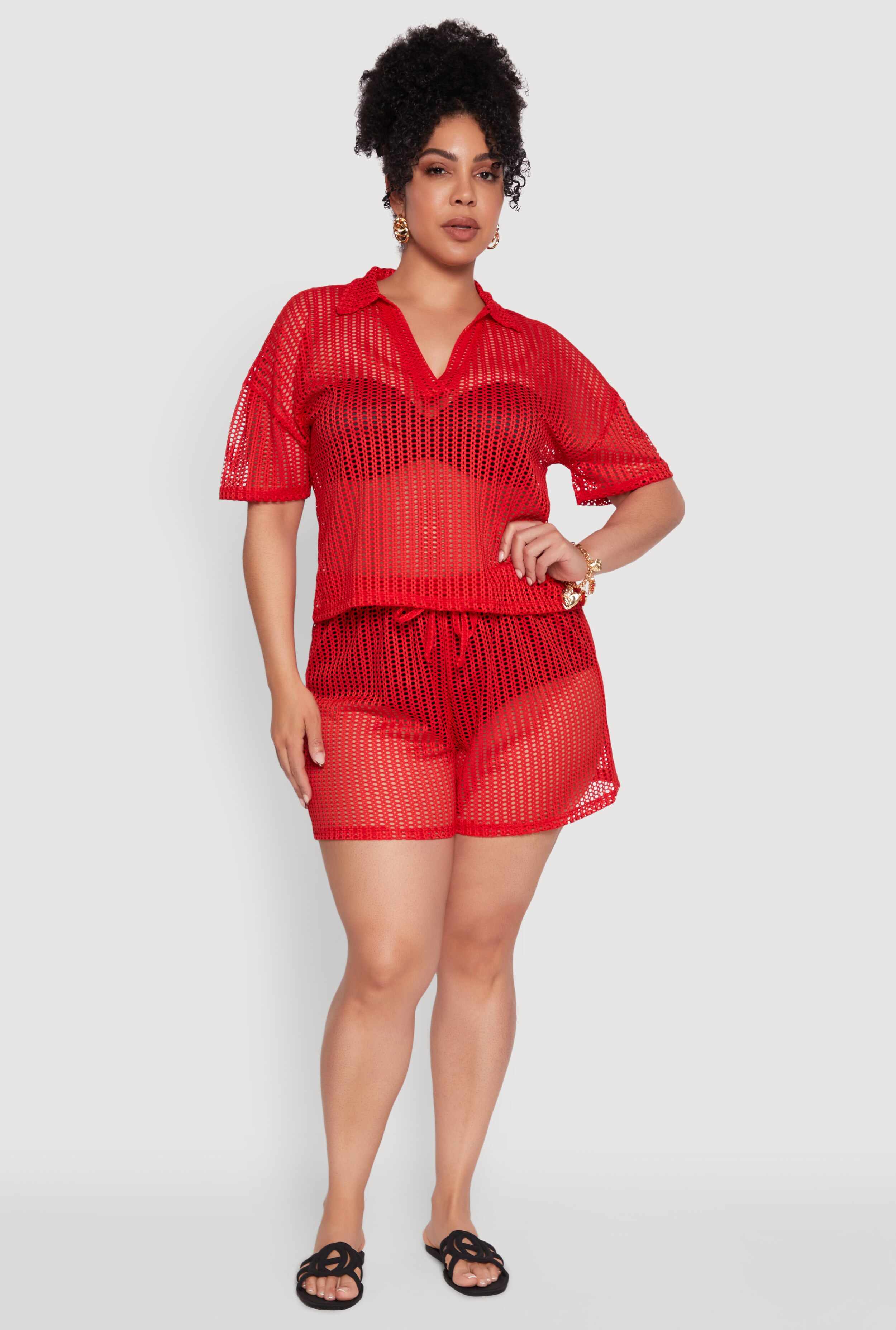 Plus Size Laser Cut Shorts with Drawstring Waist