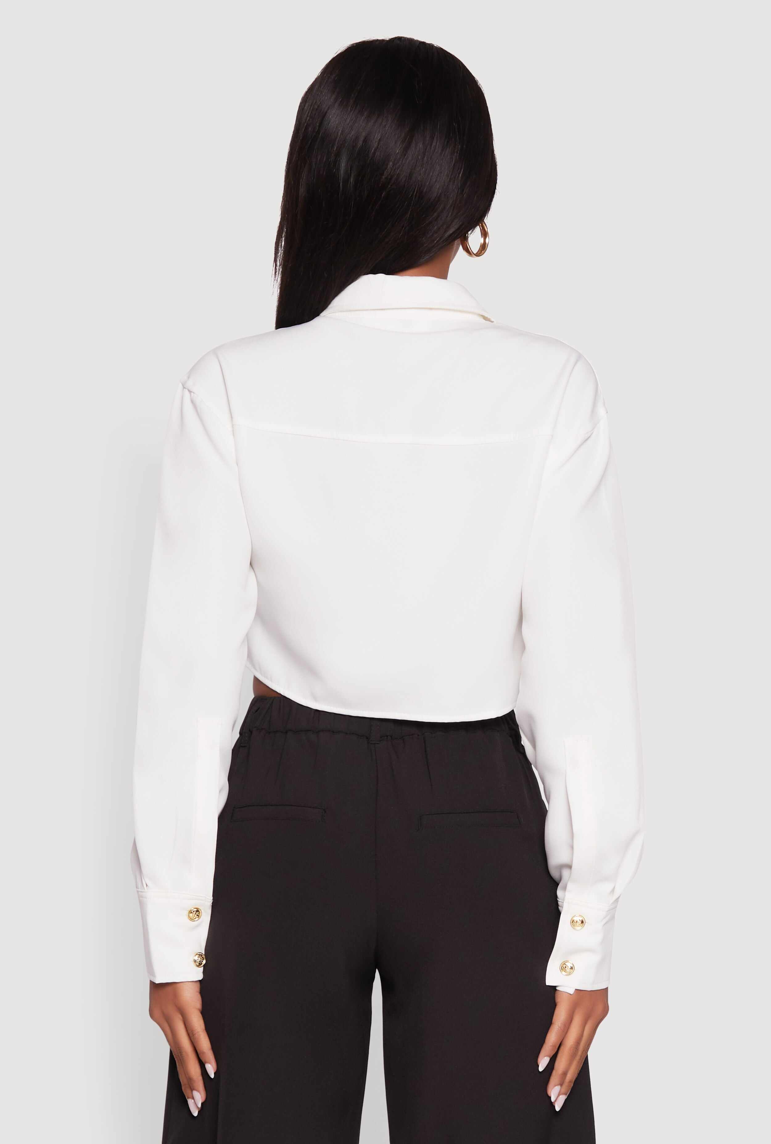 Classic Fit Solid Long Sleeve Shirt with Cropped Hem