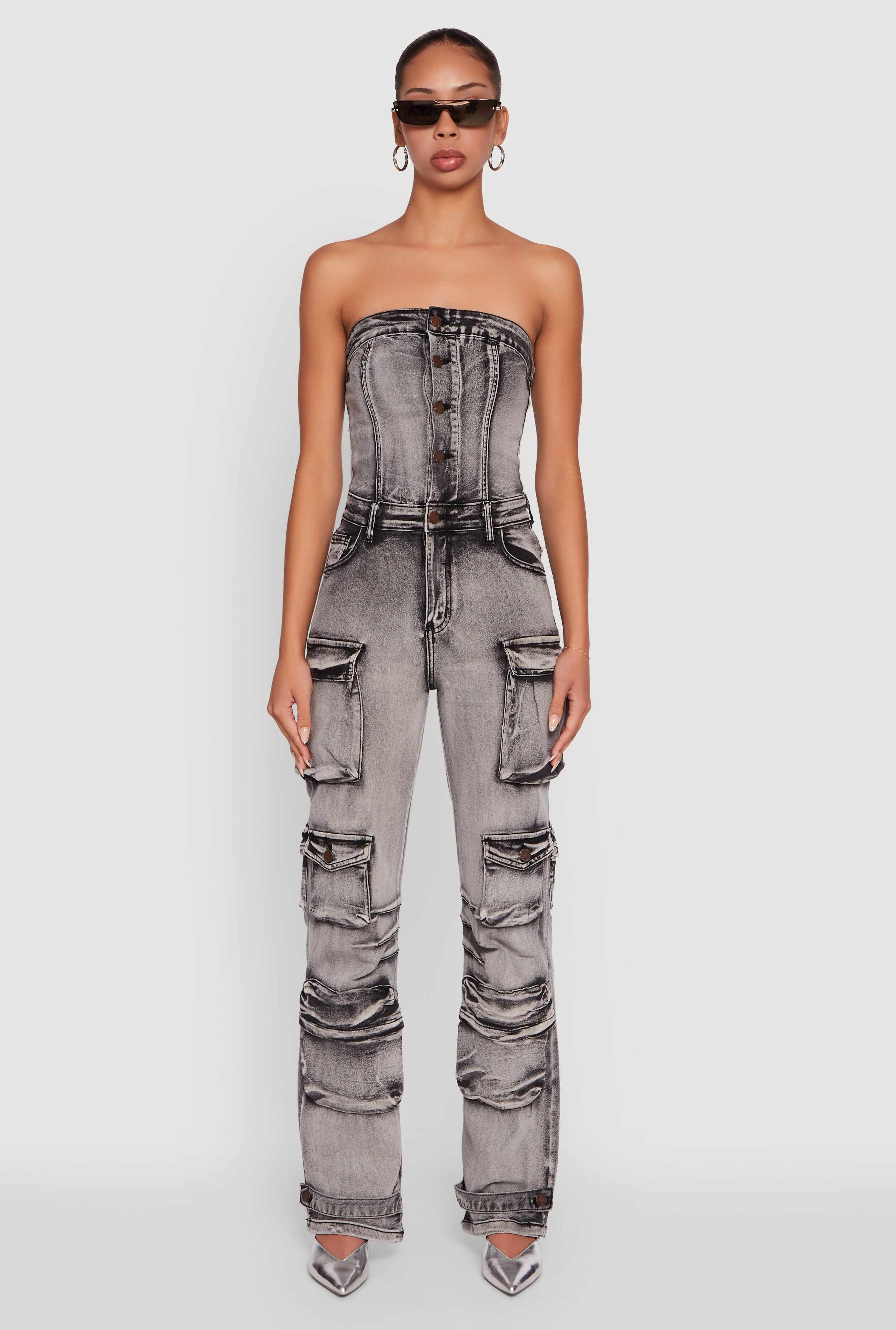 Acid Wash Denim Multi Cargo Pocket Strapless Jumpsuit