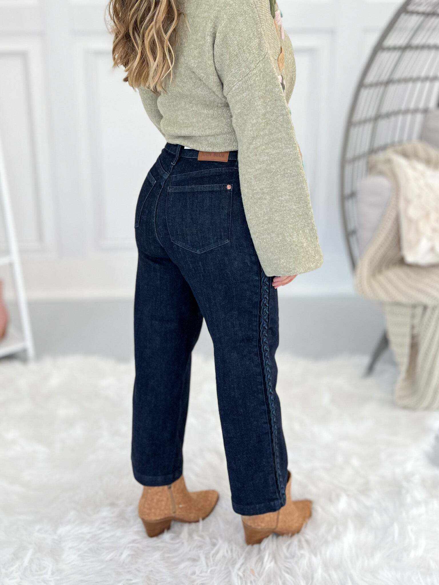 Short And Sweet - Christmas Braided Side Seam Cropped Wide Jeans- Final Sale